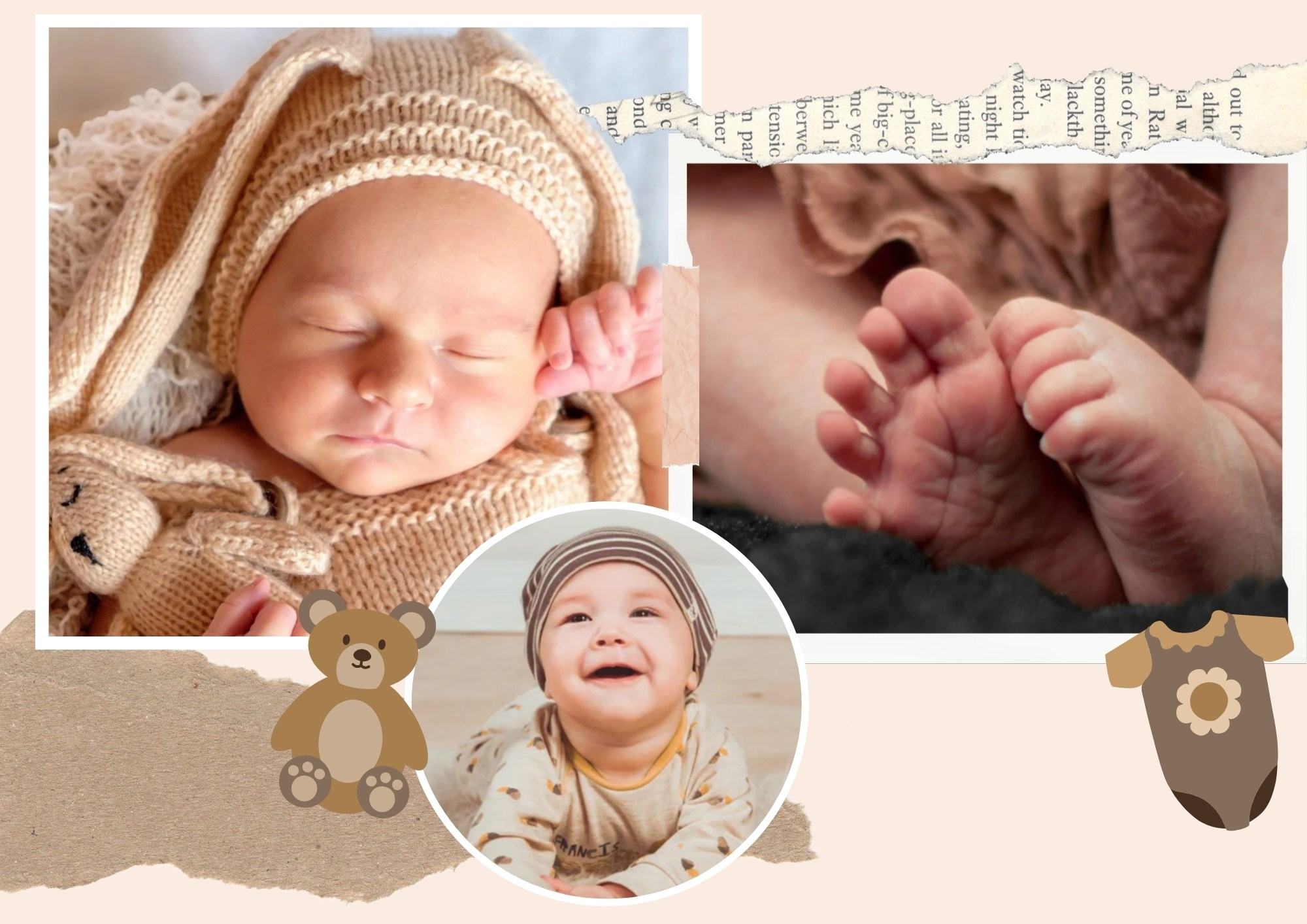коллаж улыбающегося и спящего малыша в вязанных вещах