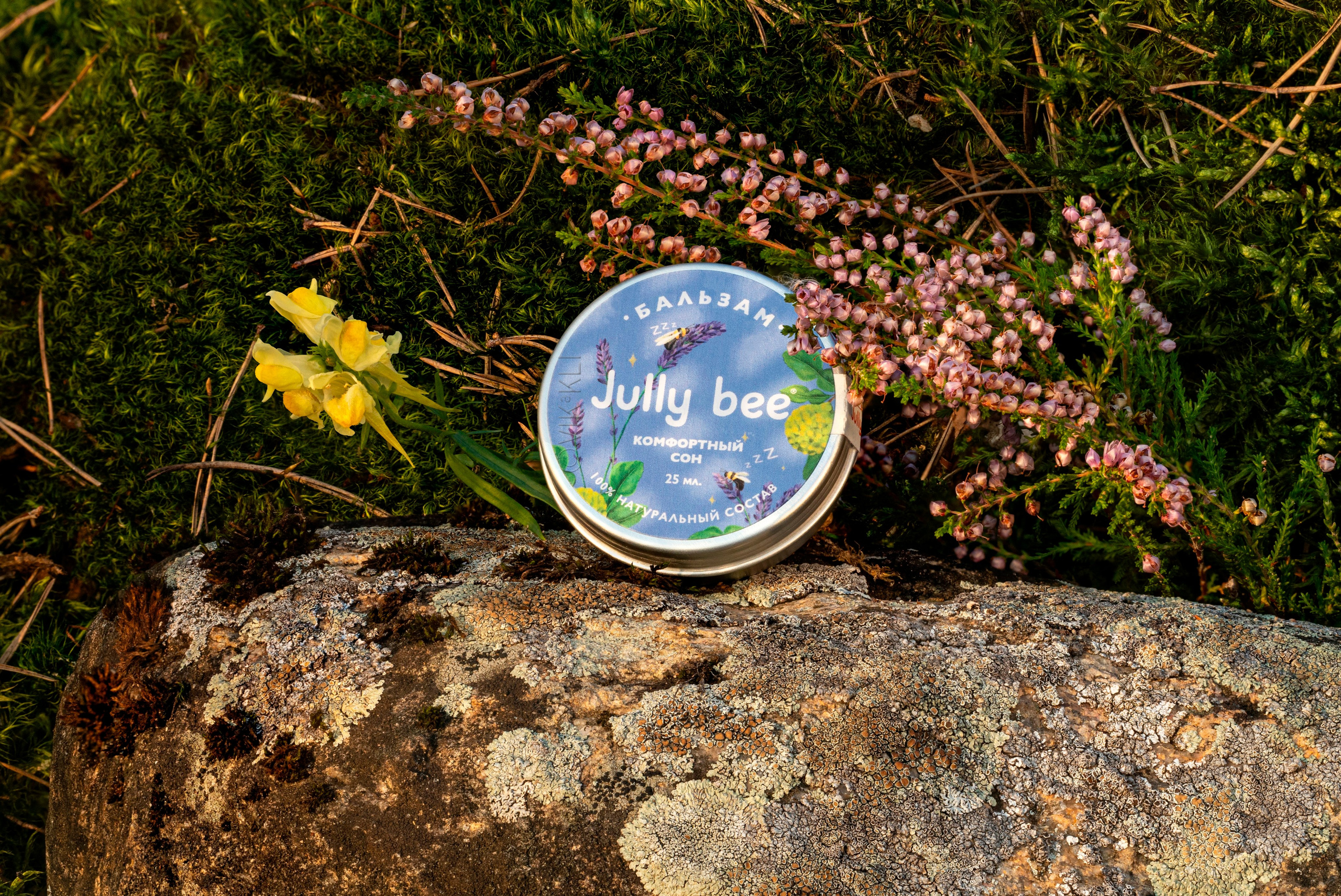 Бальзам Jully bee на камне на фоне мха и вереска, Имиджевое фото.