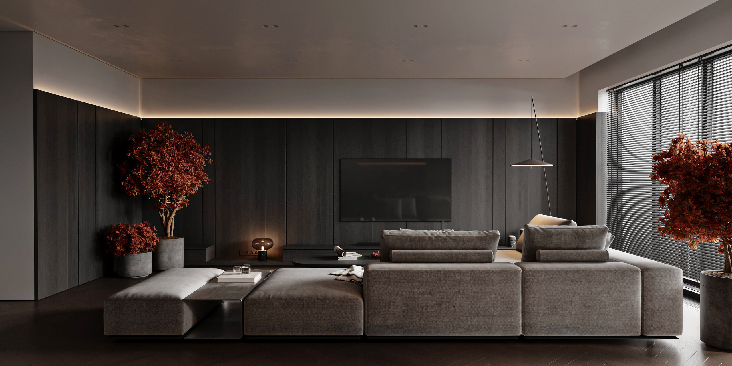 Кухня-гостиная с модульным диваном в стиле минимализм для холостяка