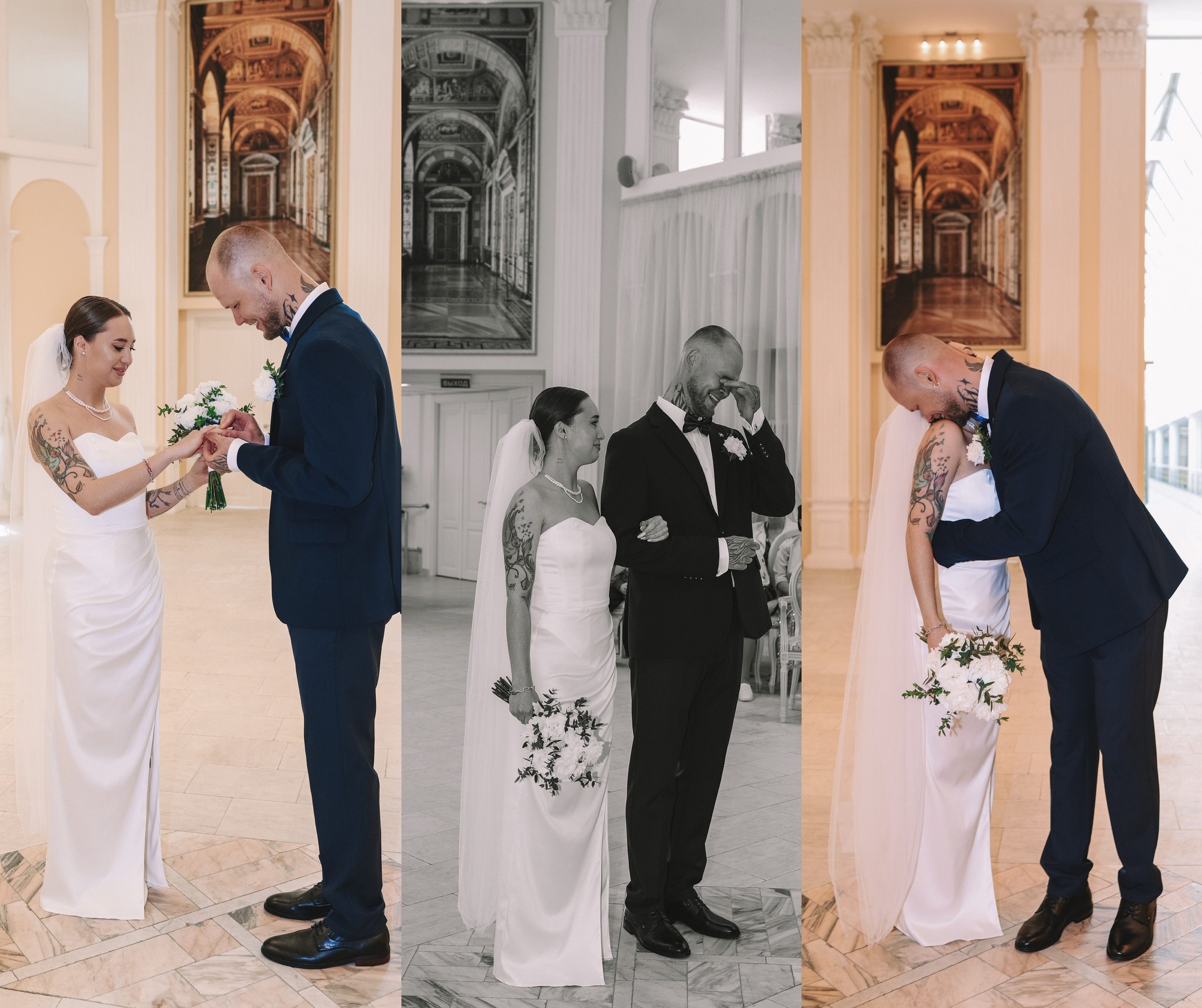 Невеста в белом платье с букетом позирует для свадебного фото