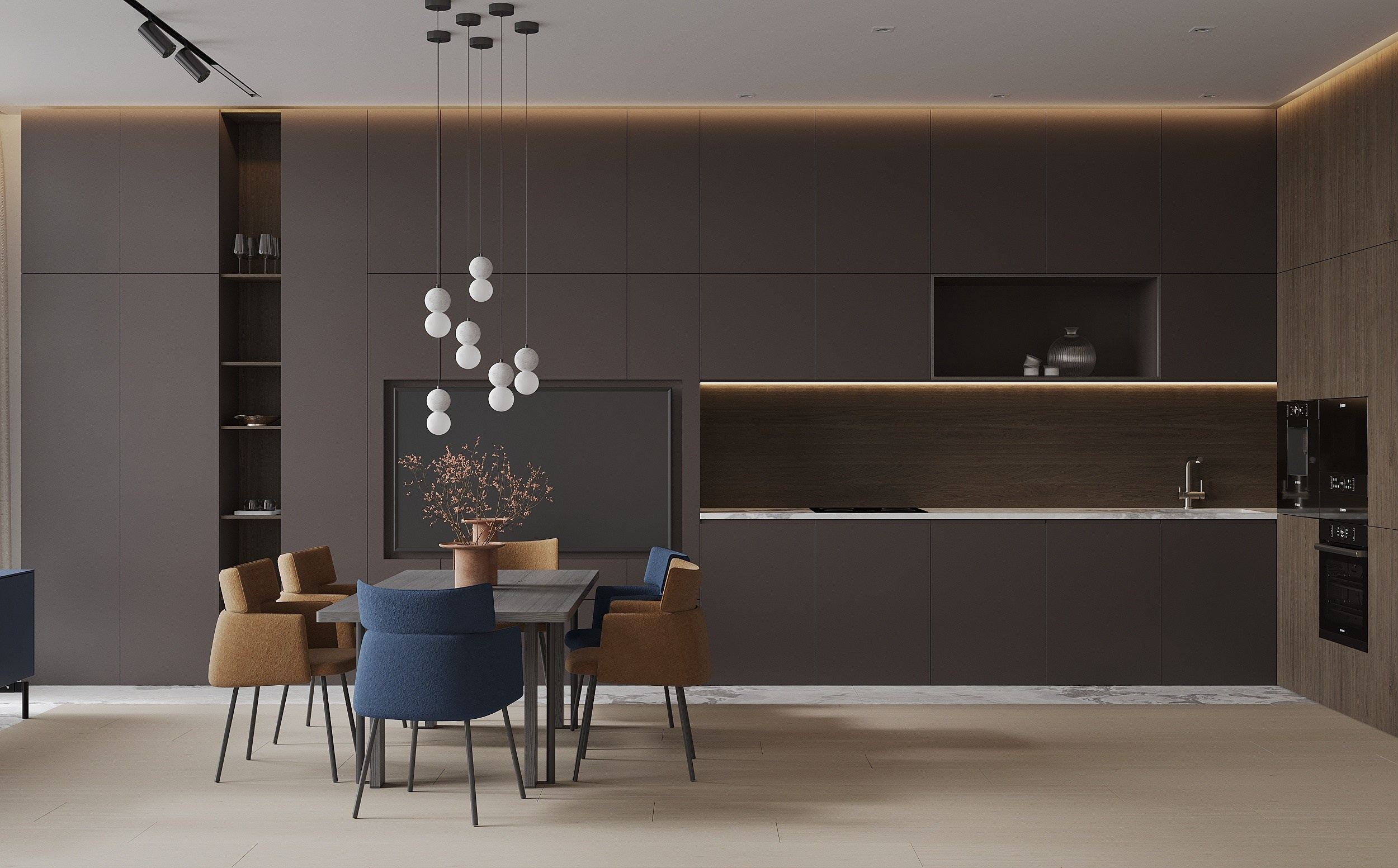 дизайн проект кухни в темном дереве