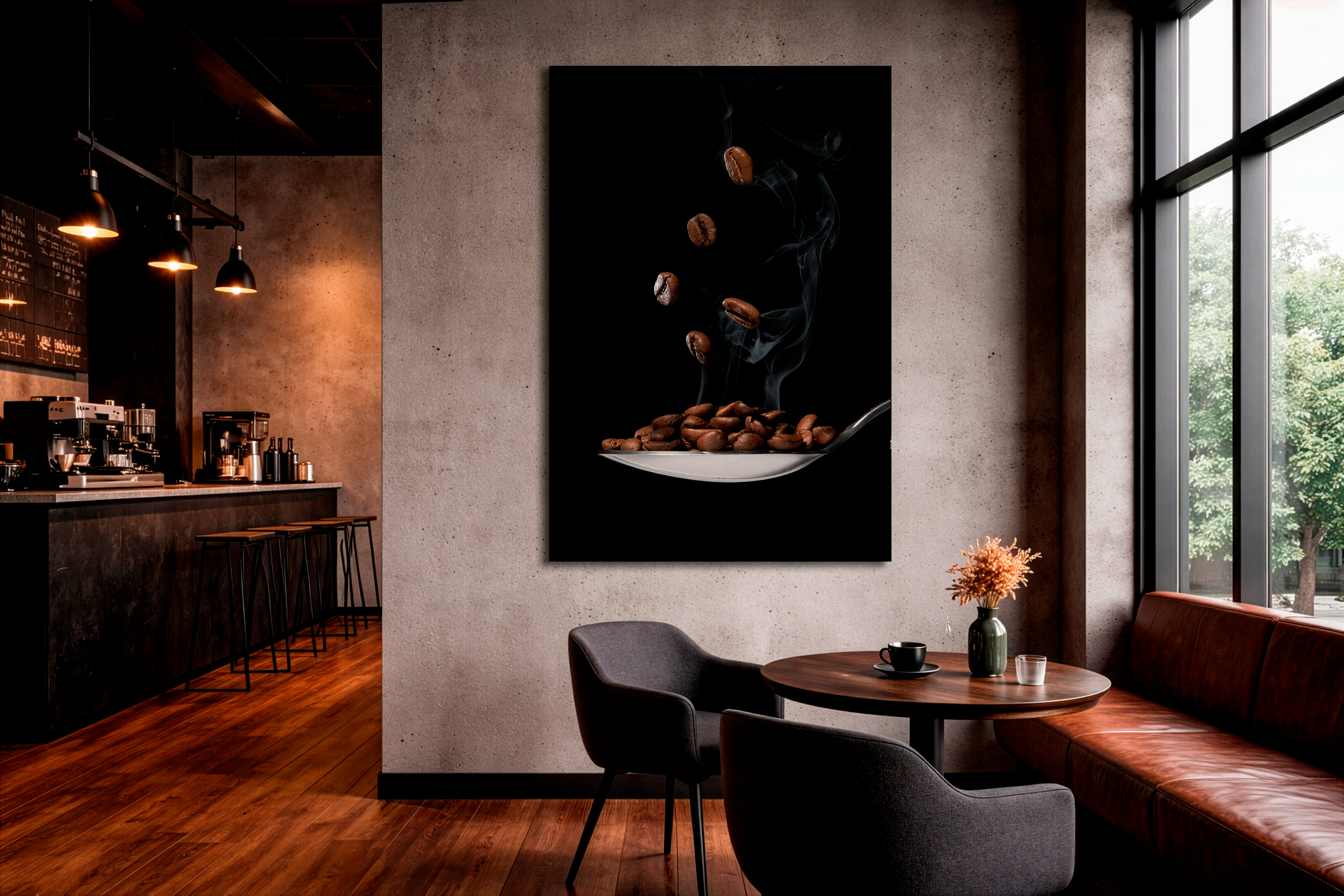 Коллекционная фотография кофейных зёрен и дыма, размещённая в интерьере современной кофейни.