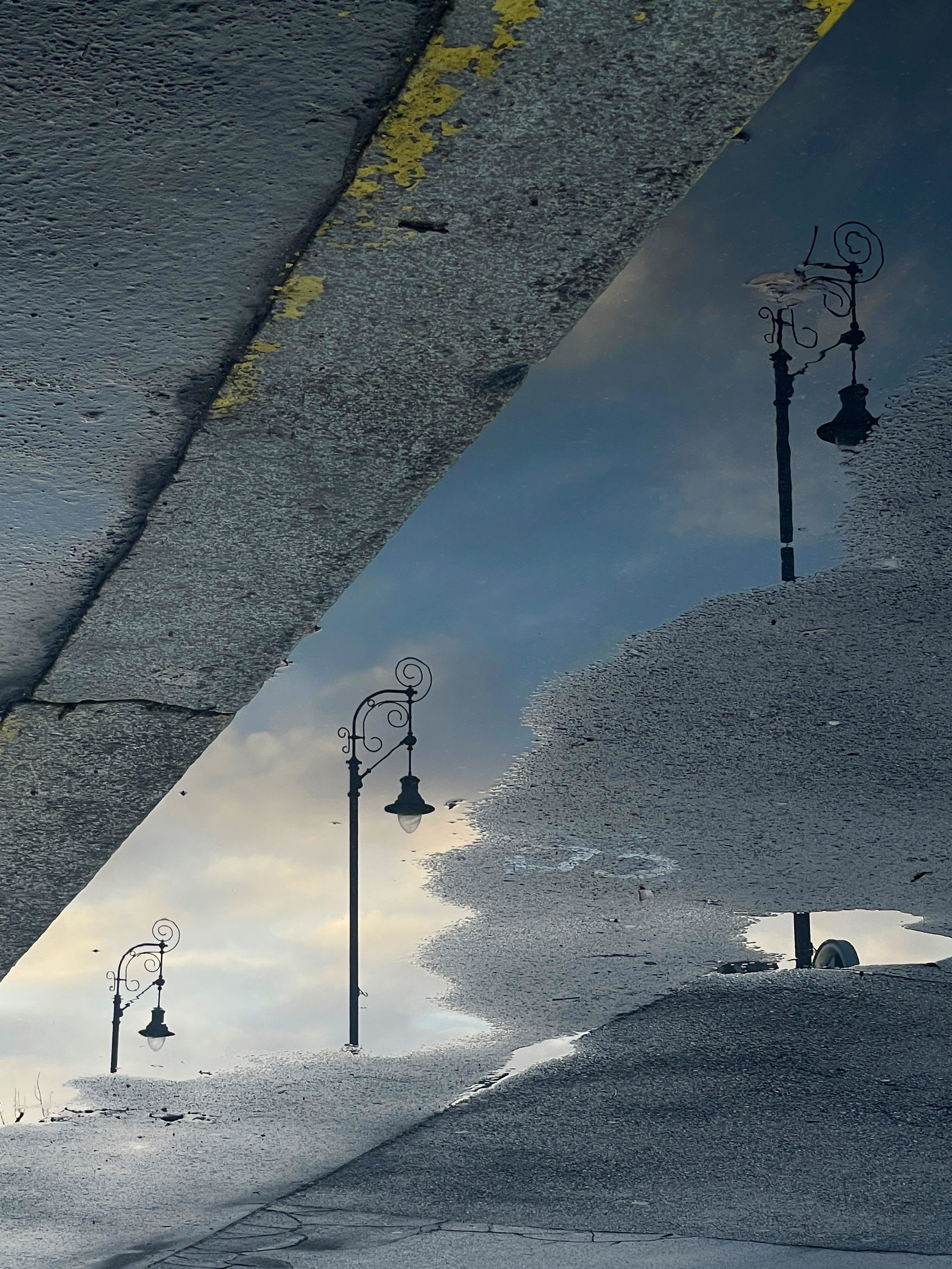 reflection of streetlights in a puddle