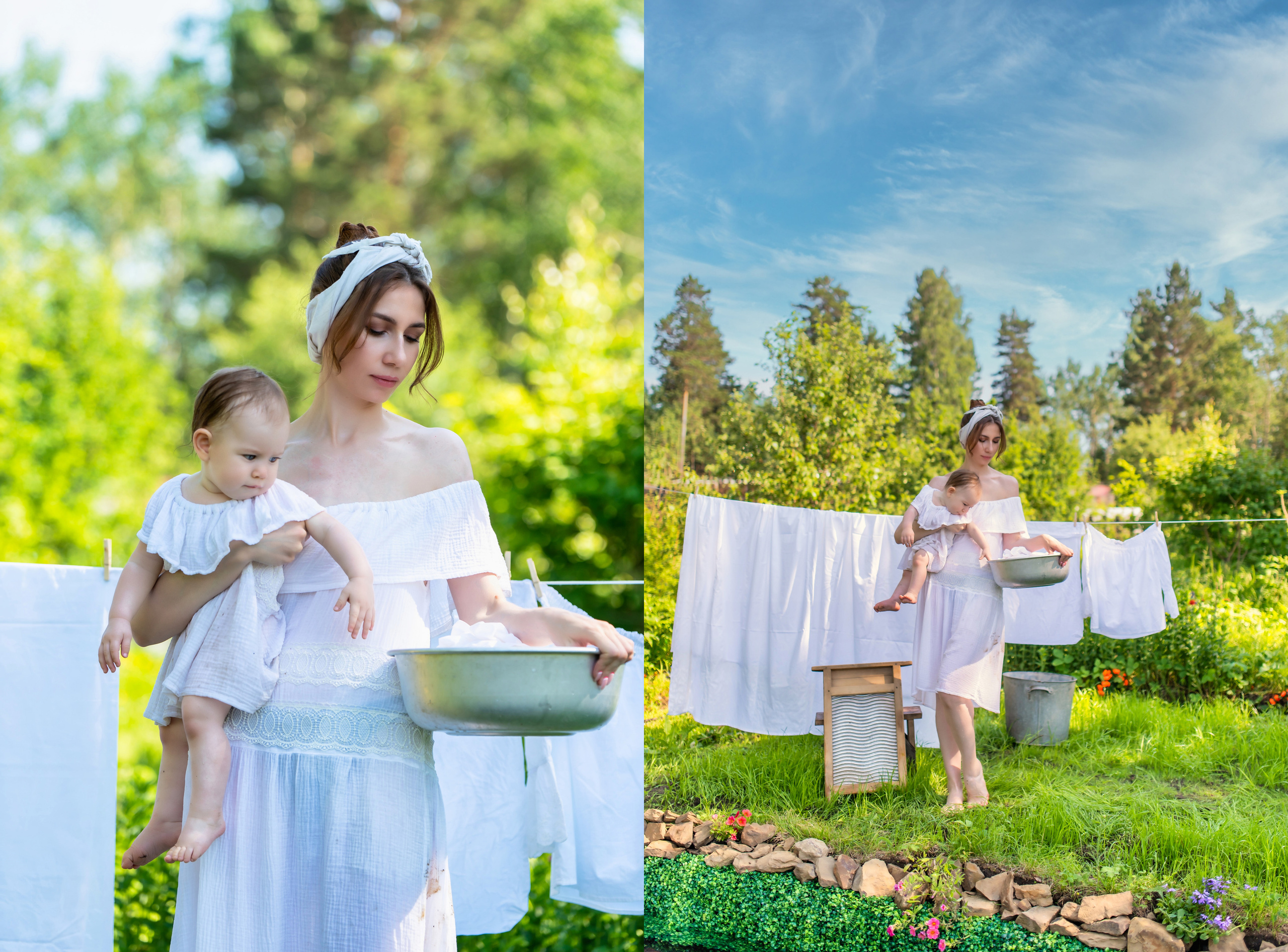Молодая женщина с ребёнком стирает белье на берегу пруда