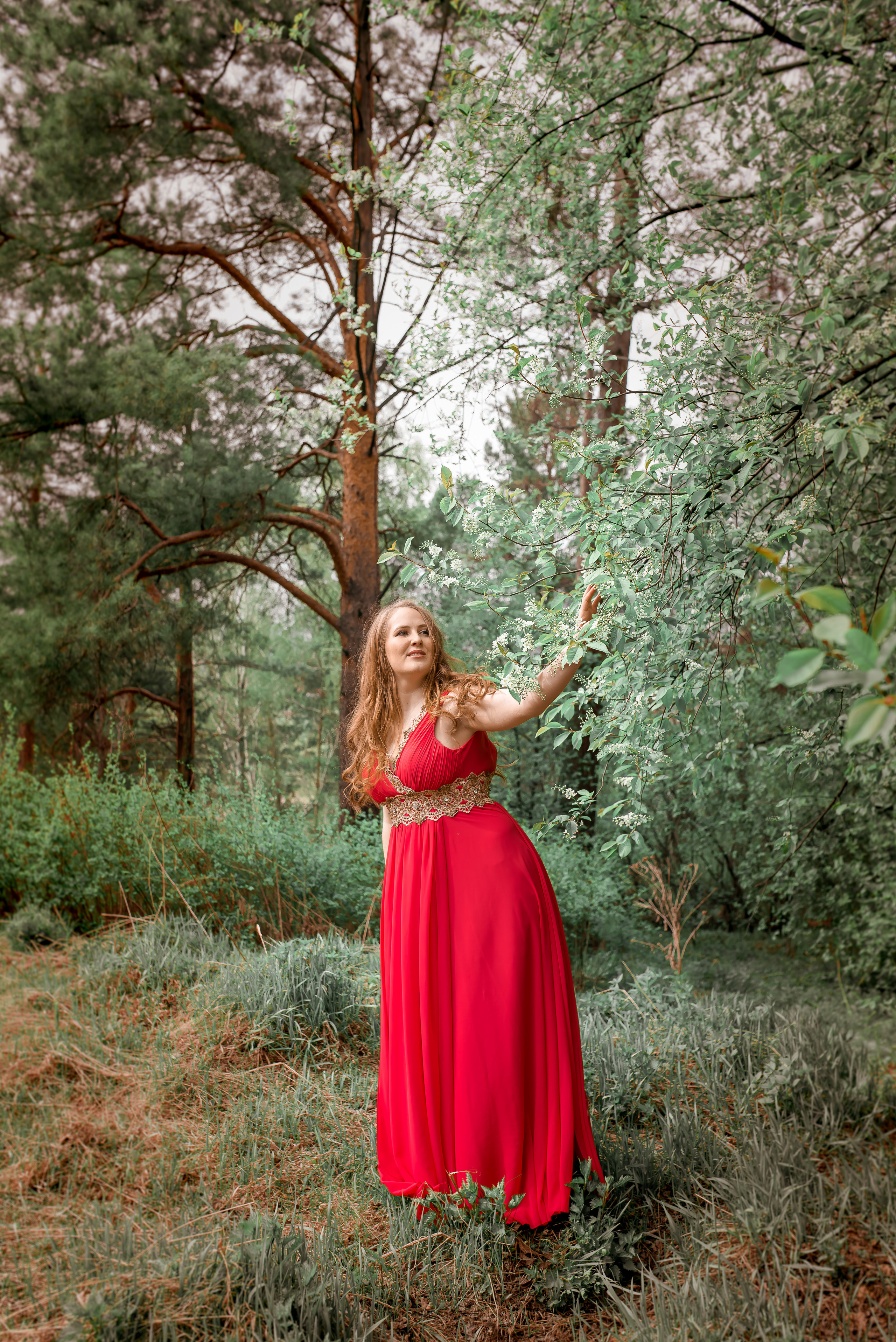 Девушка в летящем шифоном платье кораллового цвета в лесу