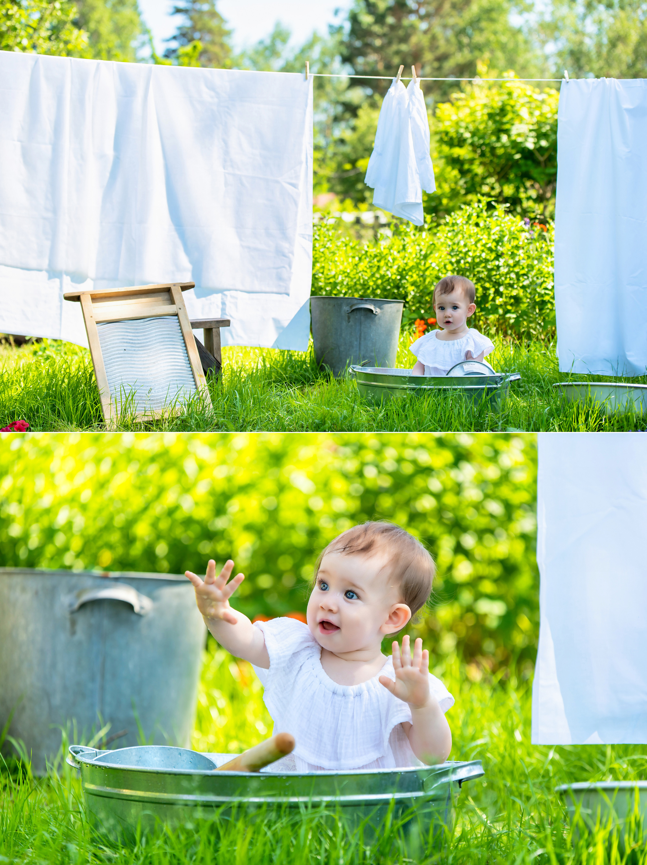 Малыш на зелёной лужайке в жестоком тазу в белой одежде