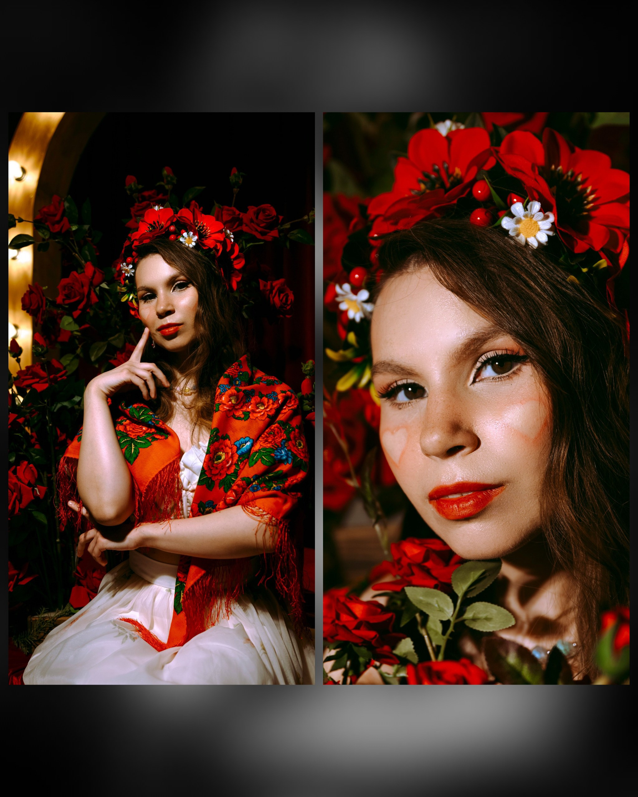 девушка в кокошнике из цветов и в красном платке