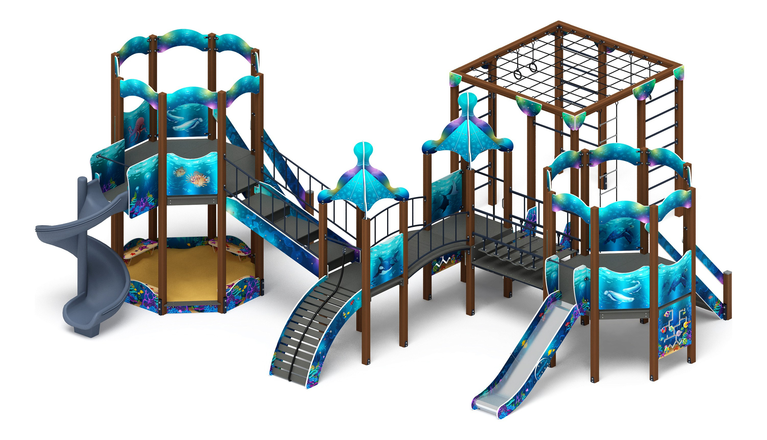 Морской - ДИК 2.17.06-01.И1 - Игровой комплекс H=1200 H=2000                                                                                                                             Габариты (ШхДхВ): 10020x9250x4040                                                                                                                                                                      Зона безопасности, мм: 13520х12750                                                                                                                                                                    Скат горки: H=1200 (металлический скат) / H=2000 (винтовой скат)