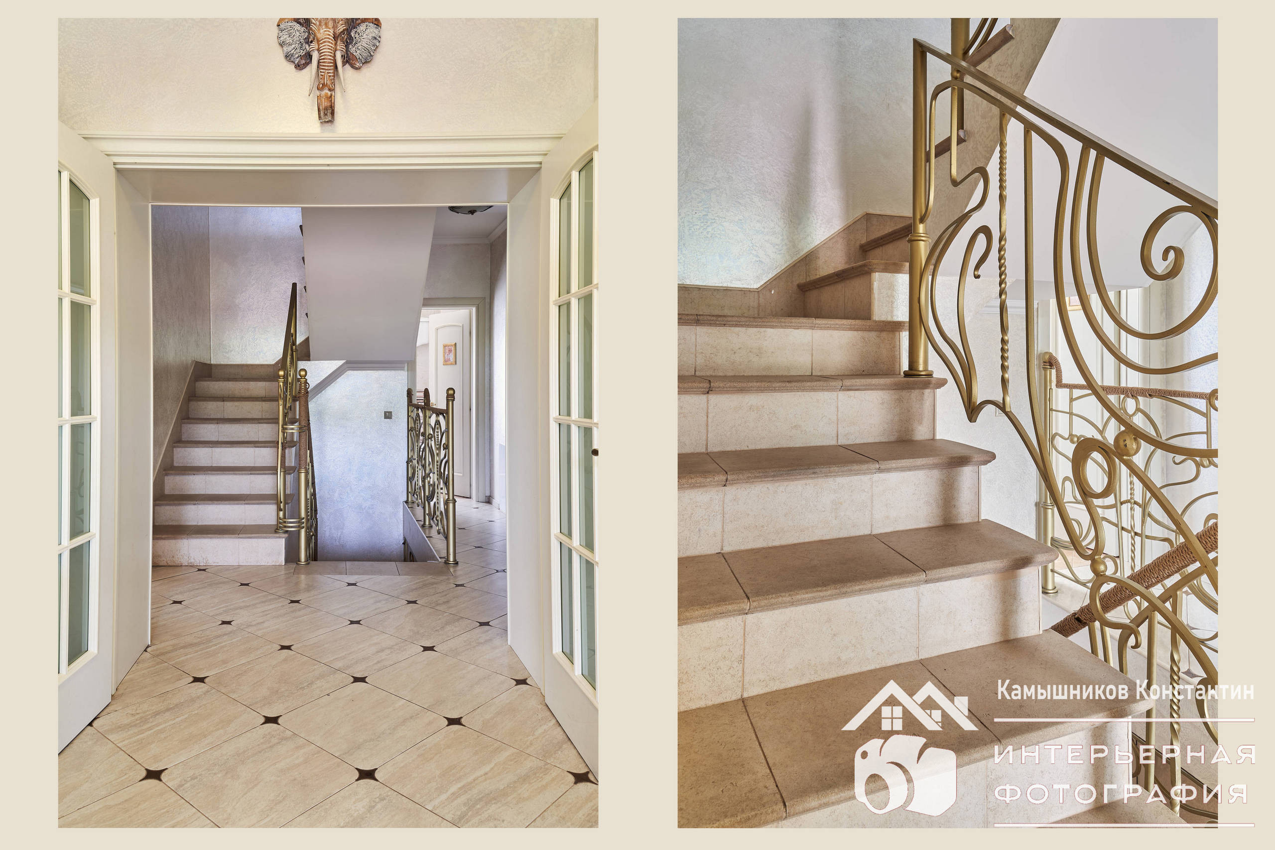 Интерьерная съемка лестниц с коваными перилами в загородном доме в Московской области