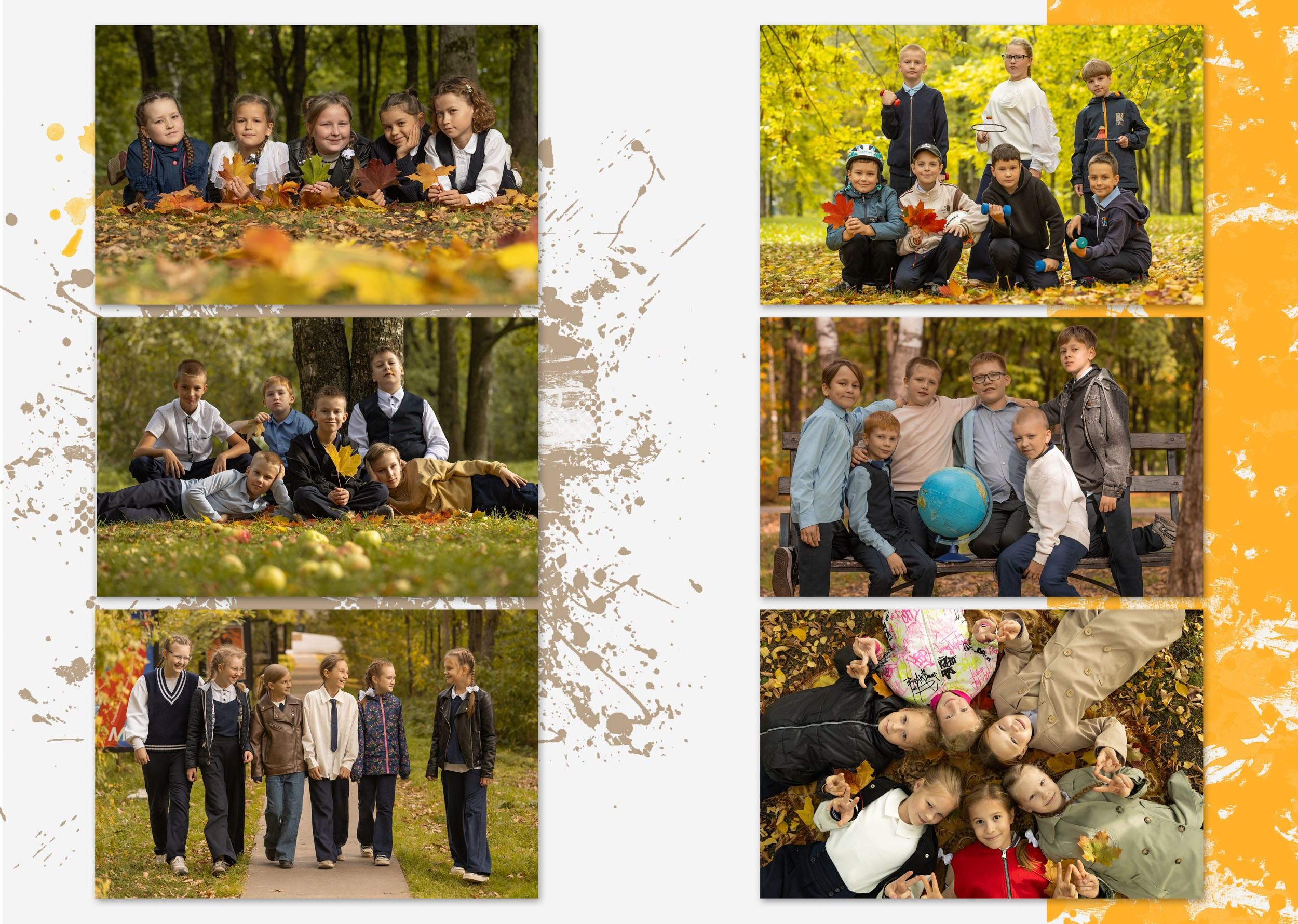 Разворот выпускного альбома с шестью групповыми фотографиями.