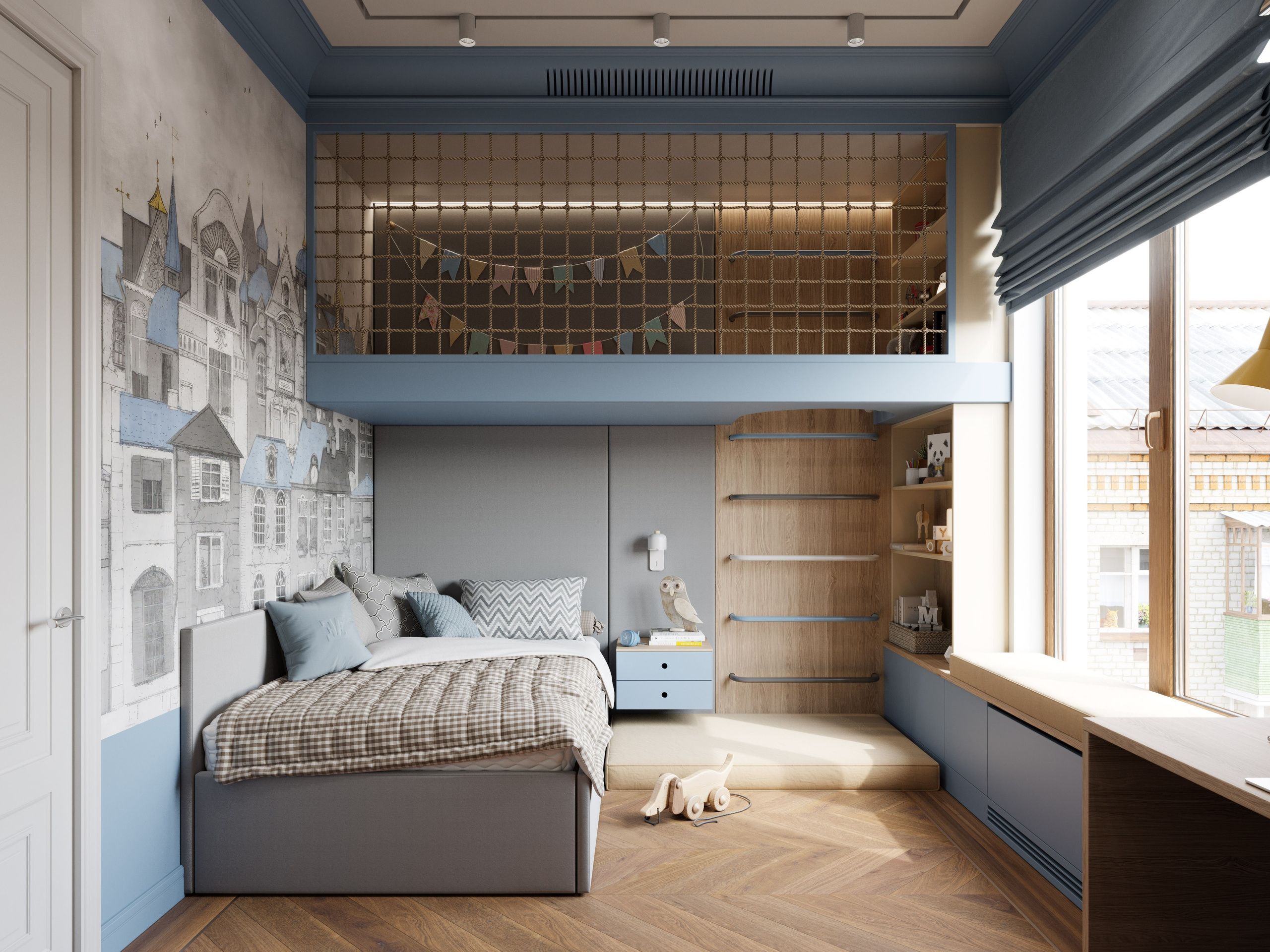 Игровая зона в детской с вторым этажом для игр и безопасной мебелью