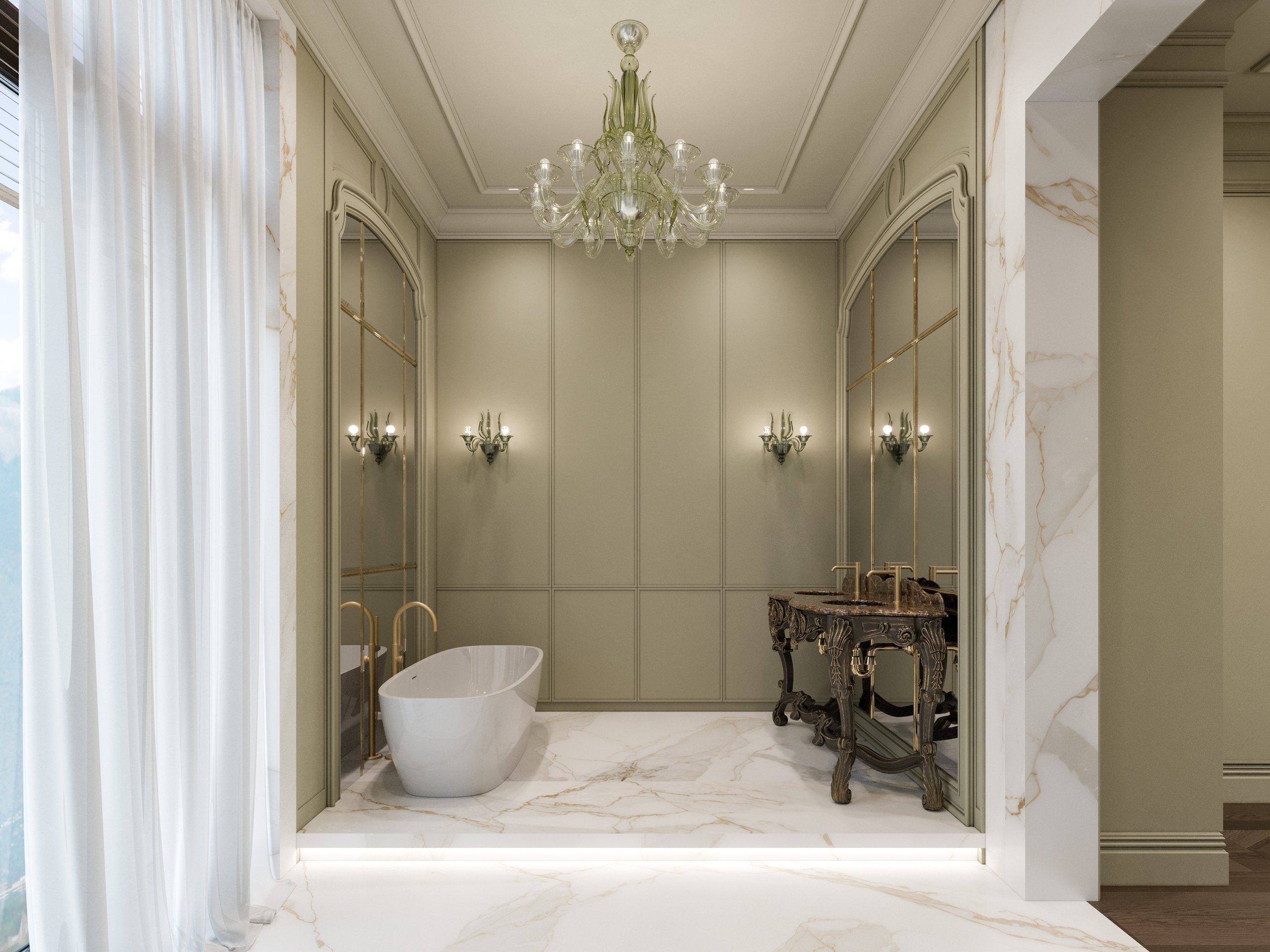 Ванная комната в мятной гамме с классической раковиной на мраморной консоли