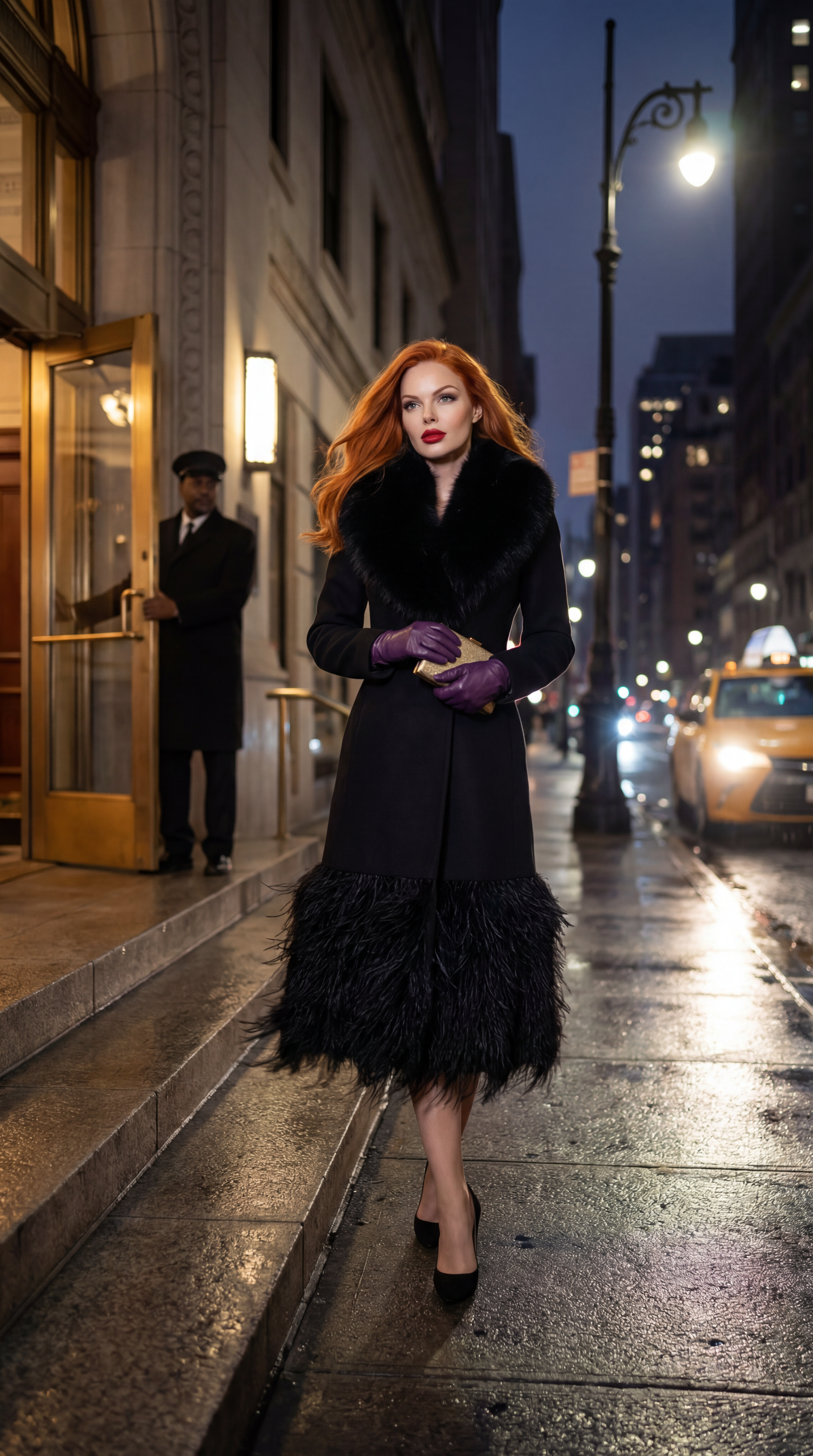 AI-фото рыжей женщины в чёрном платье на ночной улице города, нейро-контент для fashion editorial нуар, AI-визуал ночная уличная съёмка роковой образ