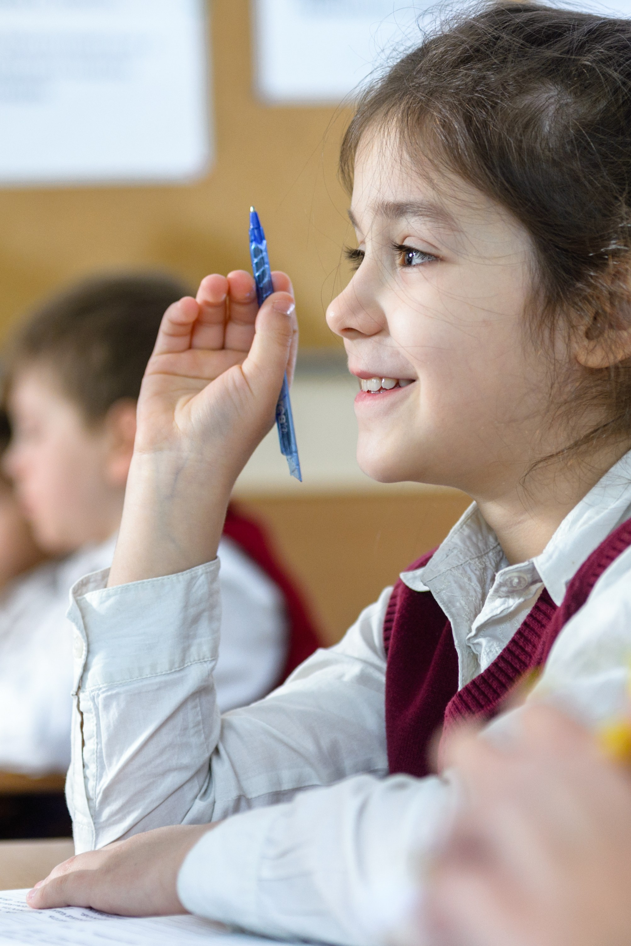 Ученица в школьной форме поднимает руку на уроке