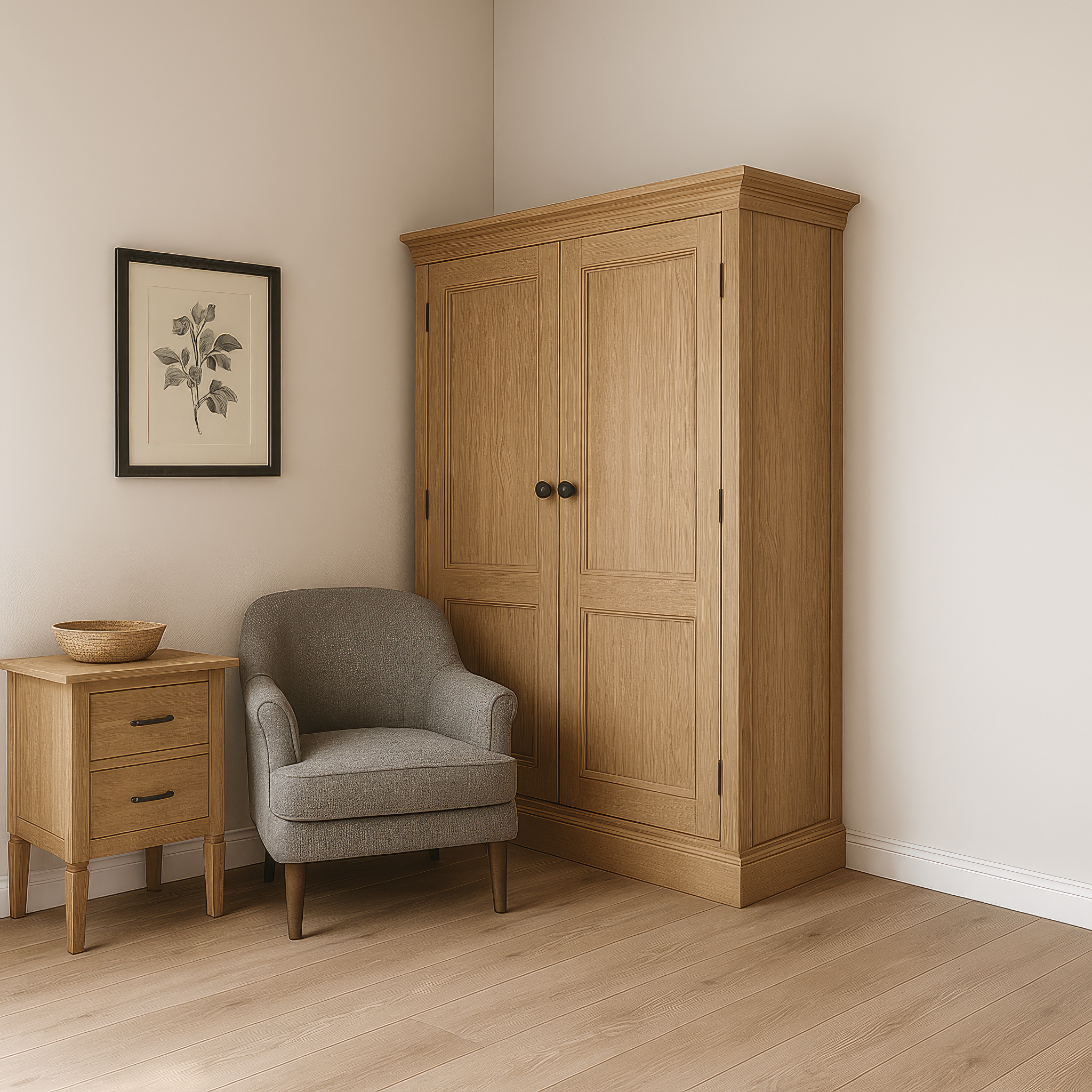 Улучшенный вид деревянного шкафа и серого кресла в светлом интерьере