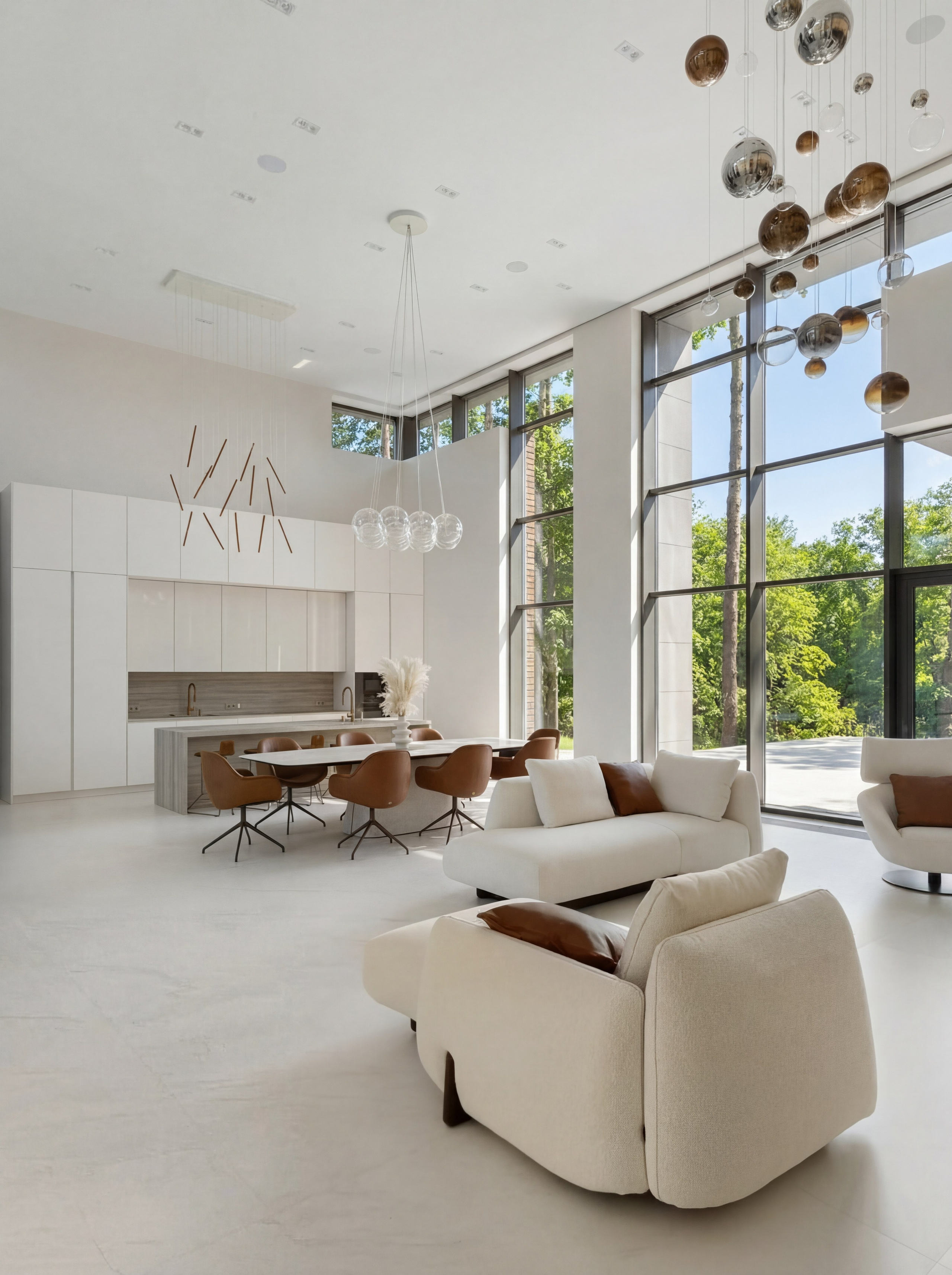 Общий вид двухсветной гостиной и кухни от Валерии Котович: светлый премиальный интерьер площадью 540 м², панорамные окна в пол с видом на лес, белая мягкая мебель и обеденная группа с терракотовыми креслами.