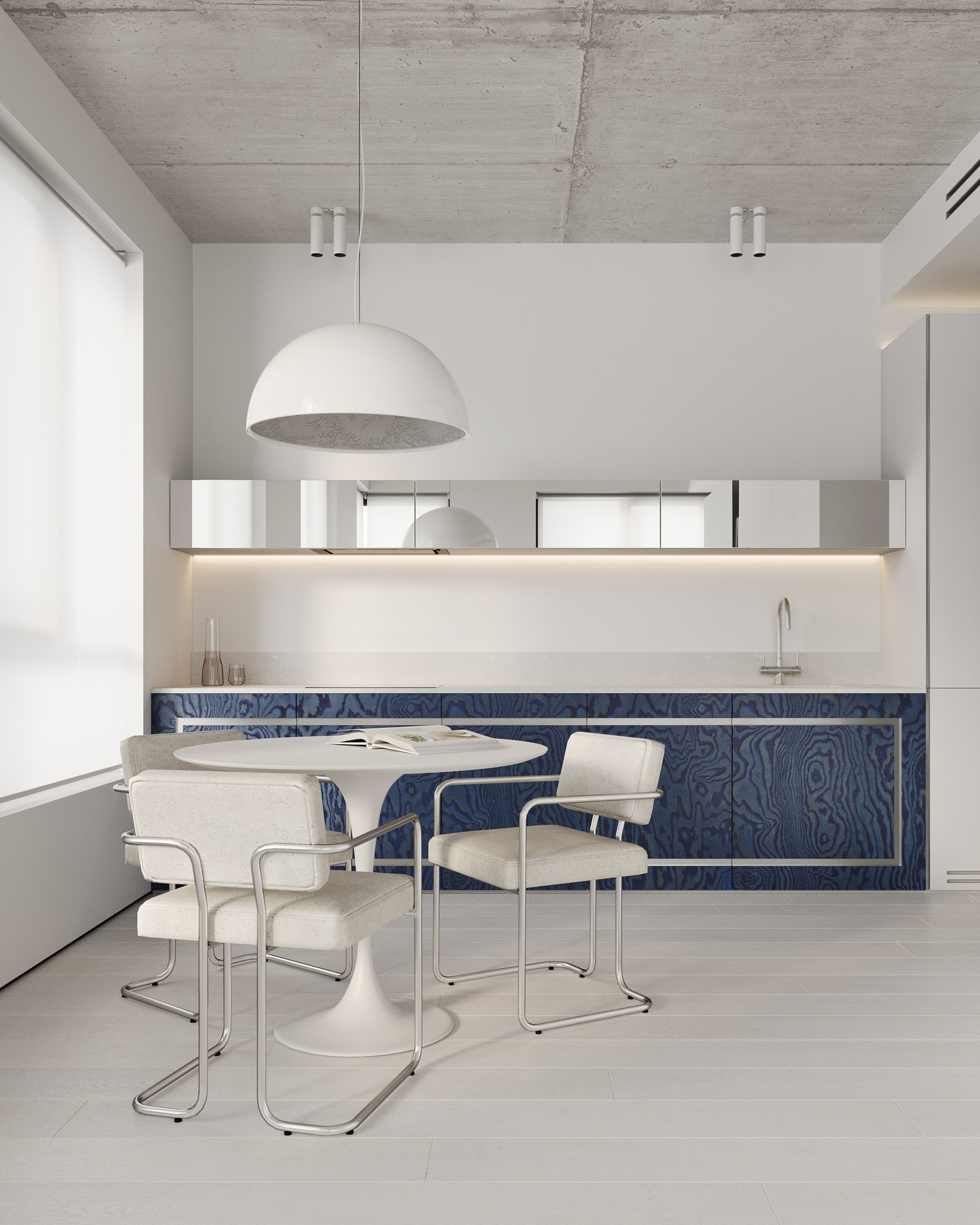 Современная кухня в стиле минимализм в белых тоннах и глубоким синим