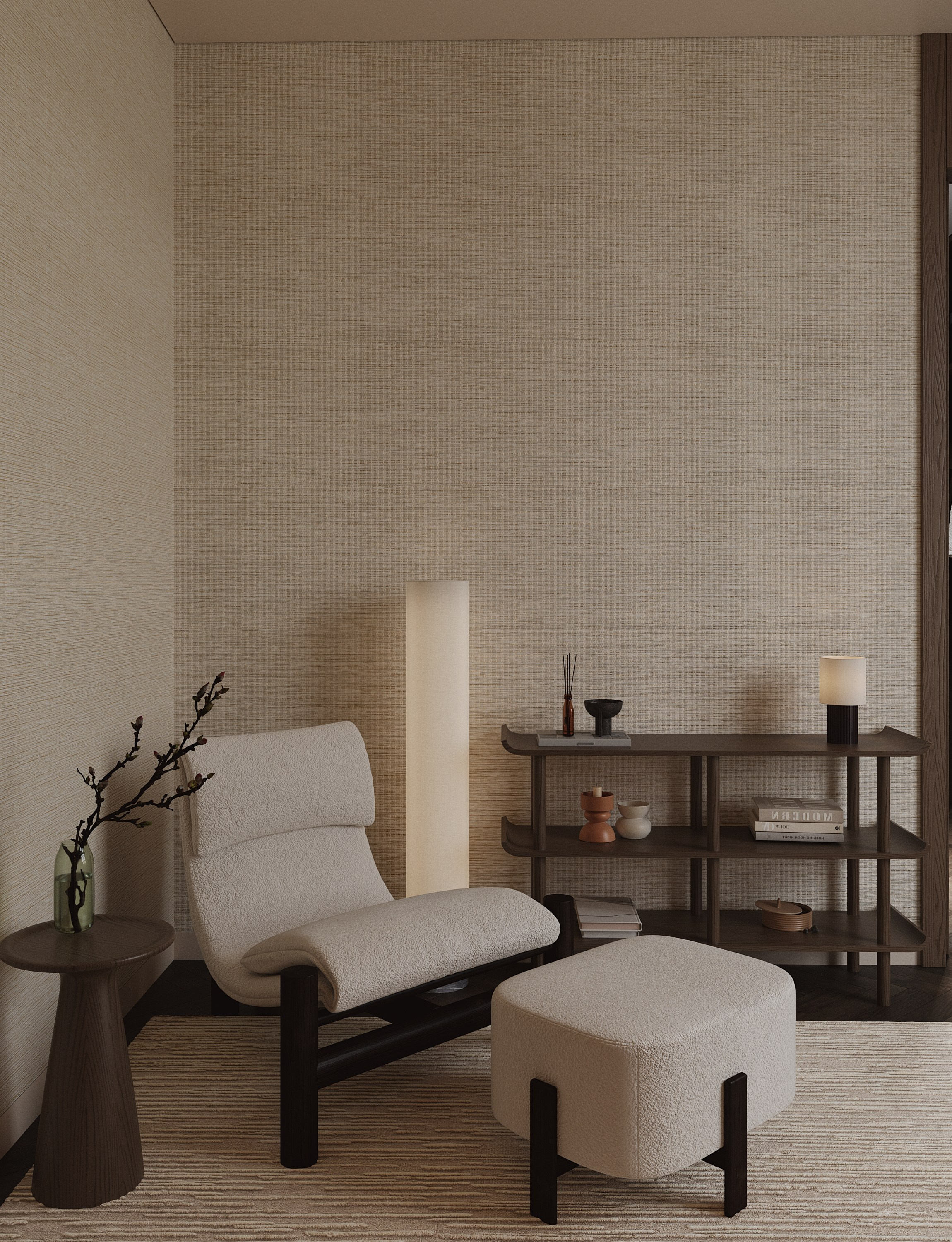 зона для чтения и отдыха в гостевой комнате со стенами в текстильных обоях   a reading and relaxation area in a guest room with walls covered in textile wallpaper