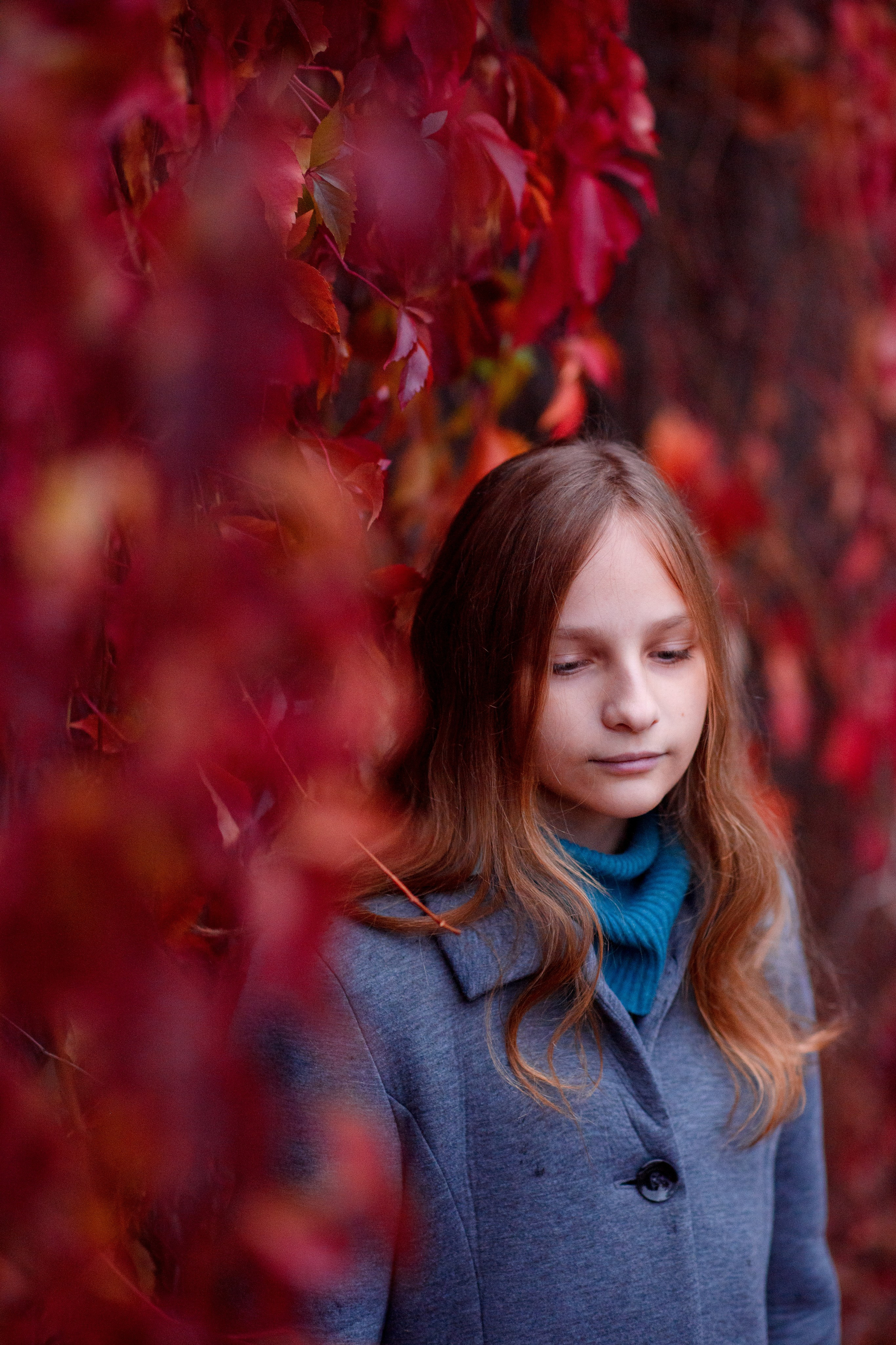 Фотосессия на фоне красного дикого винограда. Главная