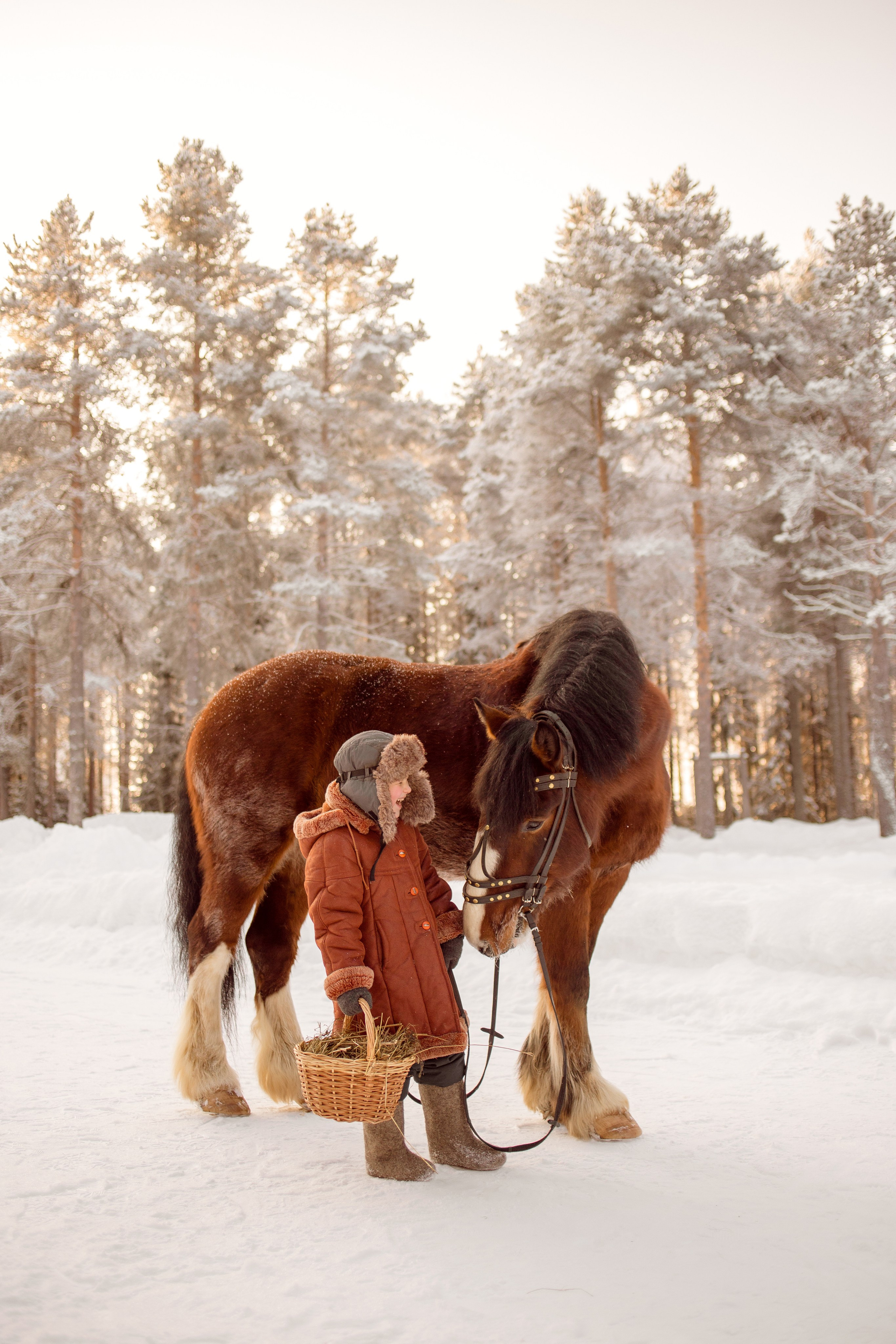 Детская фотосессия с лошадью зимой