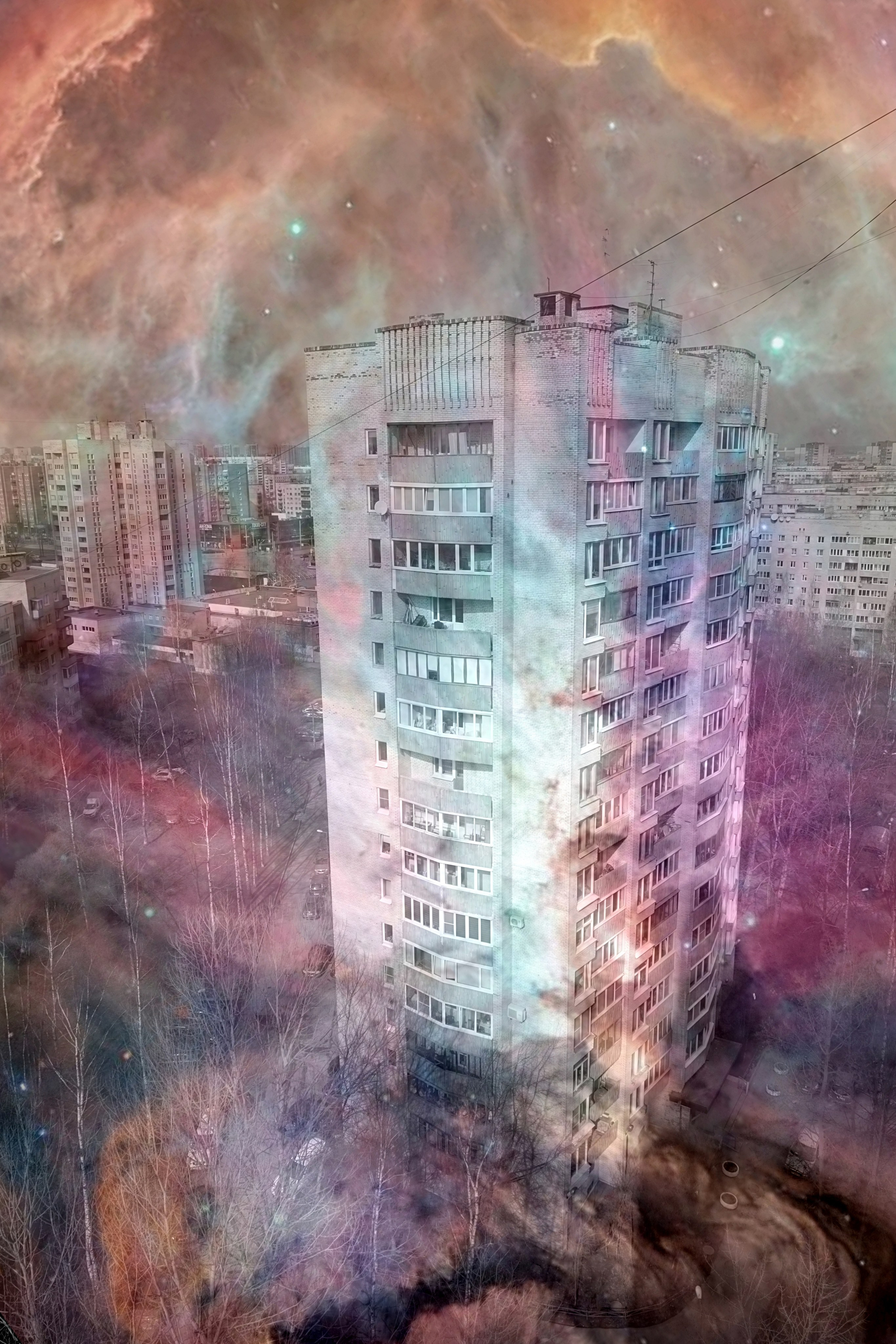 Спальный район город дополнен космическими нейросетевыми пейзажами в стиле астрофотографии.