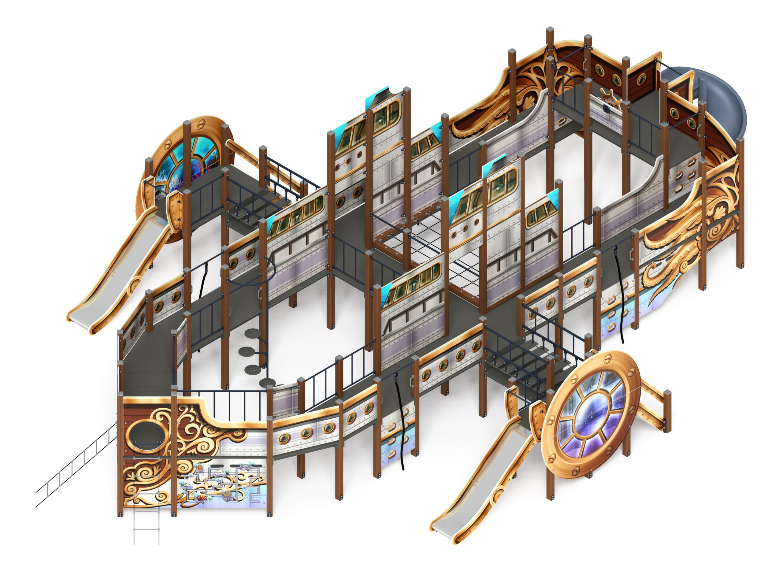 Пароход (Немо) - ДИК 2.03.3.05-02.И1 - Игровой комплекс H=1200 H=2000                                                                            Габариты (ШхДхВ): 14250х9630х4250                                                                                                                                                                 Зона безопасности, мм: 18560х12600                                                                                                                                                                 Скат горки: H=1200 (прямой скат) / H=2000 (винтовой скат)                                                                                                                                            Возрастные ограничения от 5 до 12 лет
