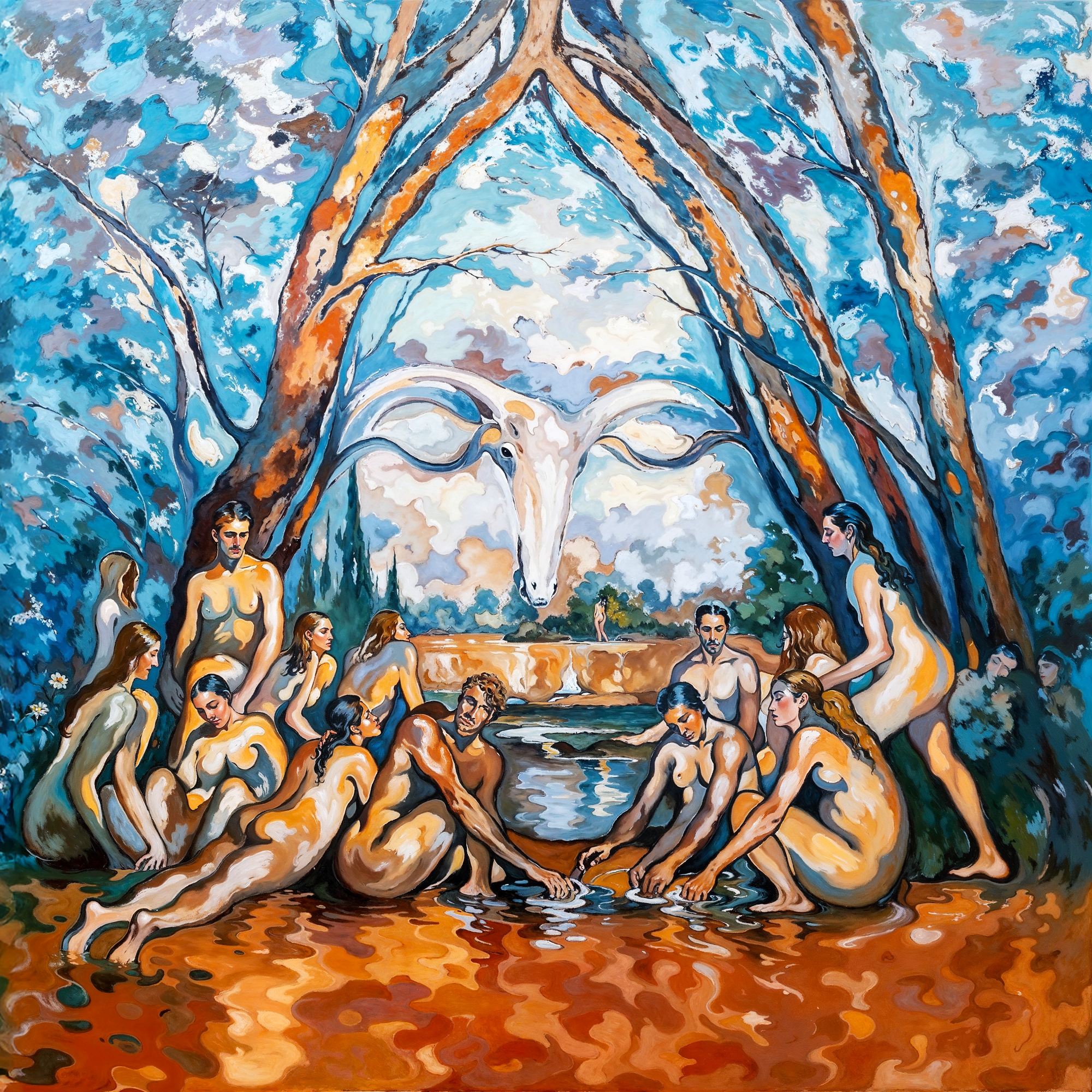 Группа женщин у реки участвует в ритуале, образуя лицо лесного духа среди деревьев. Адаптация по мотивам Oleg Shupliak, объединяющая обряды и иллюзии в гармоничную мифологическую сцену.