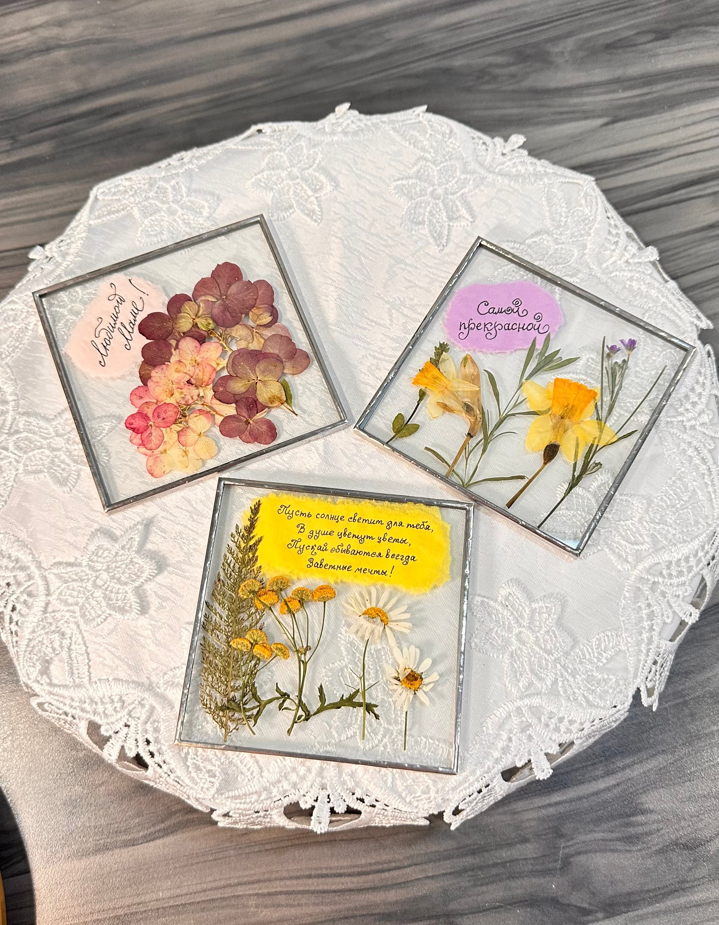 Подставки под чашку, открытка с засушенными цветами техника тиффани. Гербарий в стекле, интерьерные панно, витражи с сухоцветами в технике тиффани