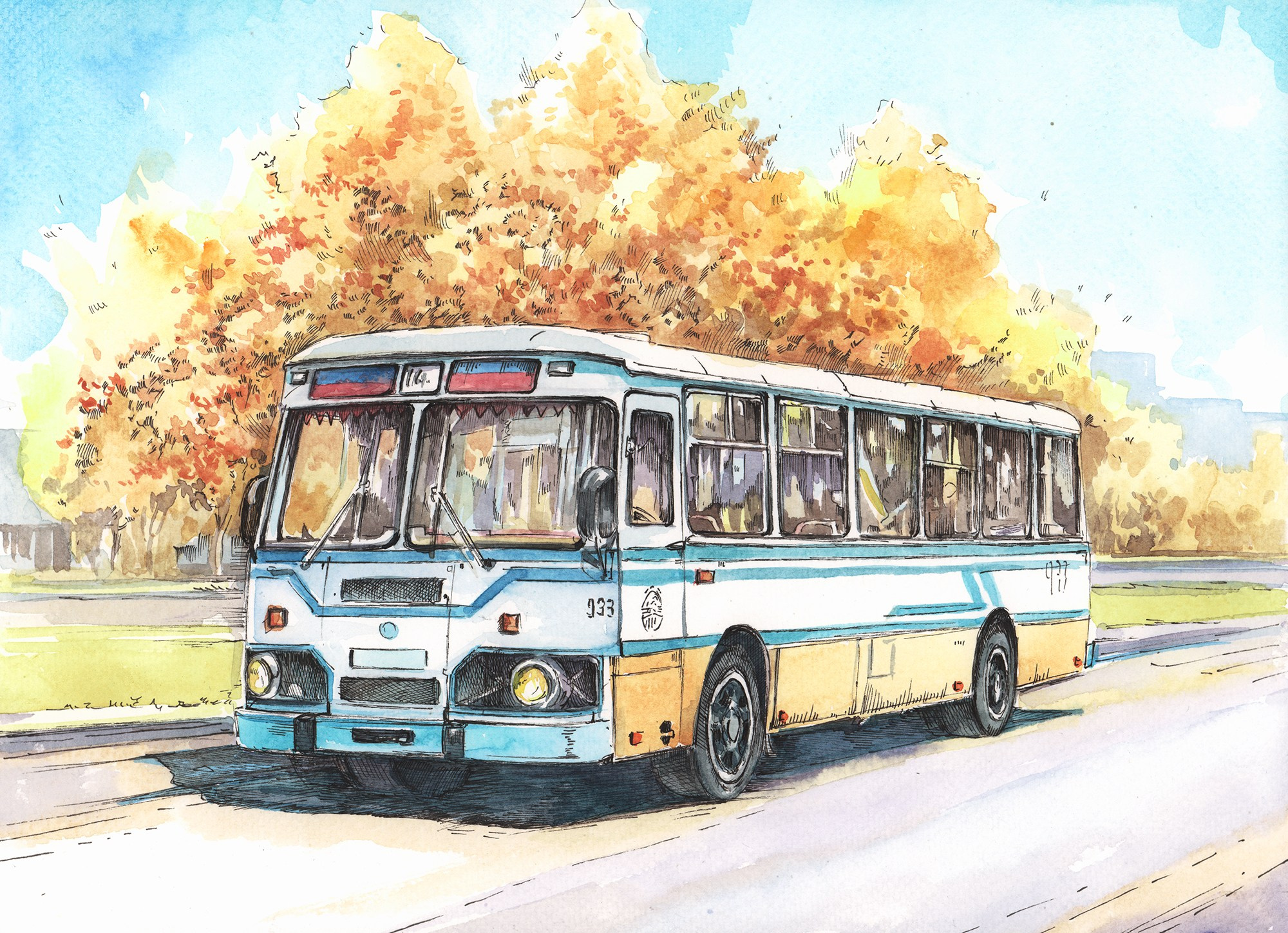 Автобус ЛиАЗ-677.Акварель, тушь, 2022