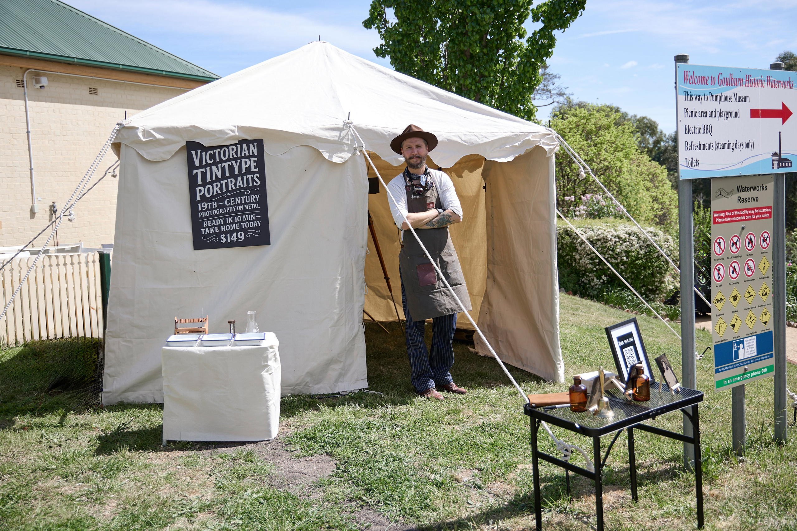 Tintype portrait tent at the Steampunk Victoriana Fair Goulburn, photographed by Maria Poleshchuk.