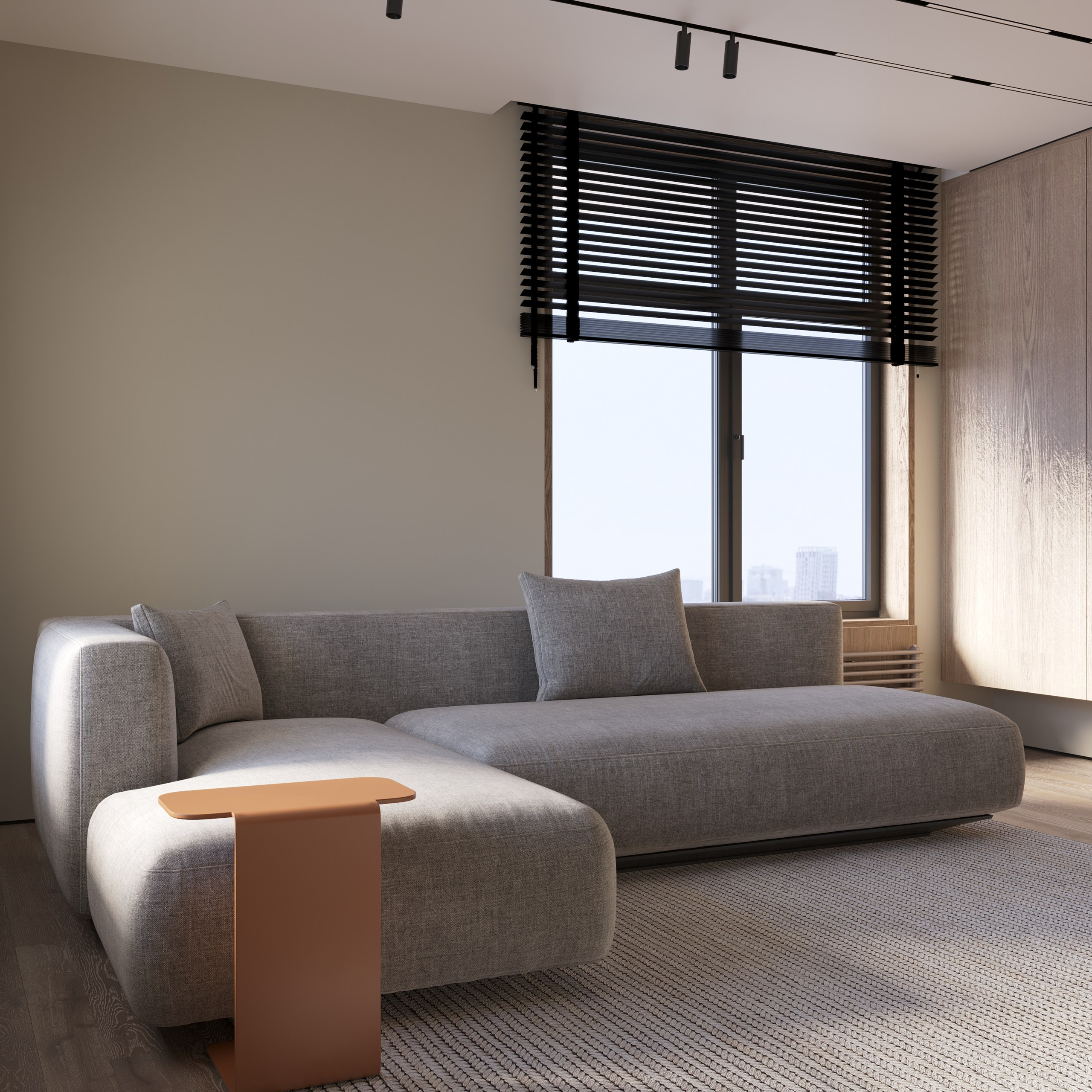 угловой диван в гостиной с ярким приставным столом из металла