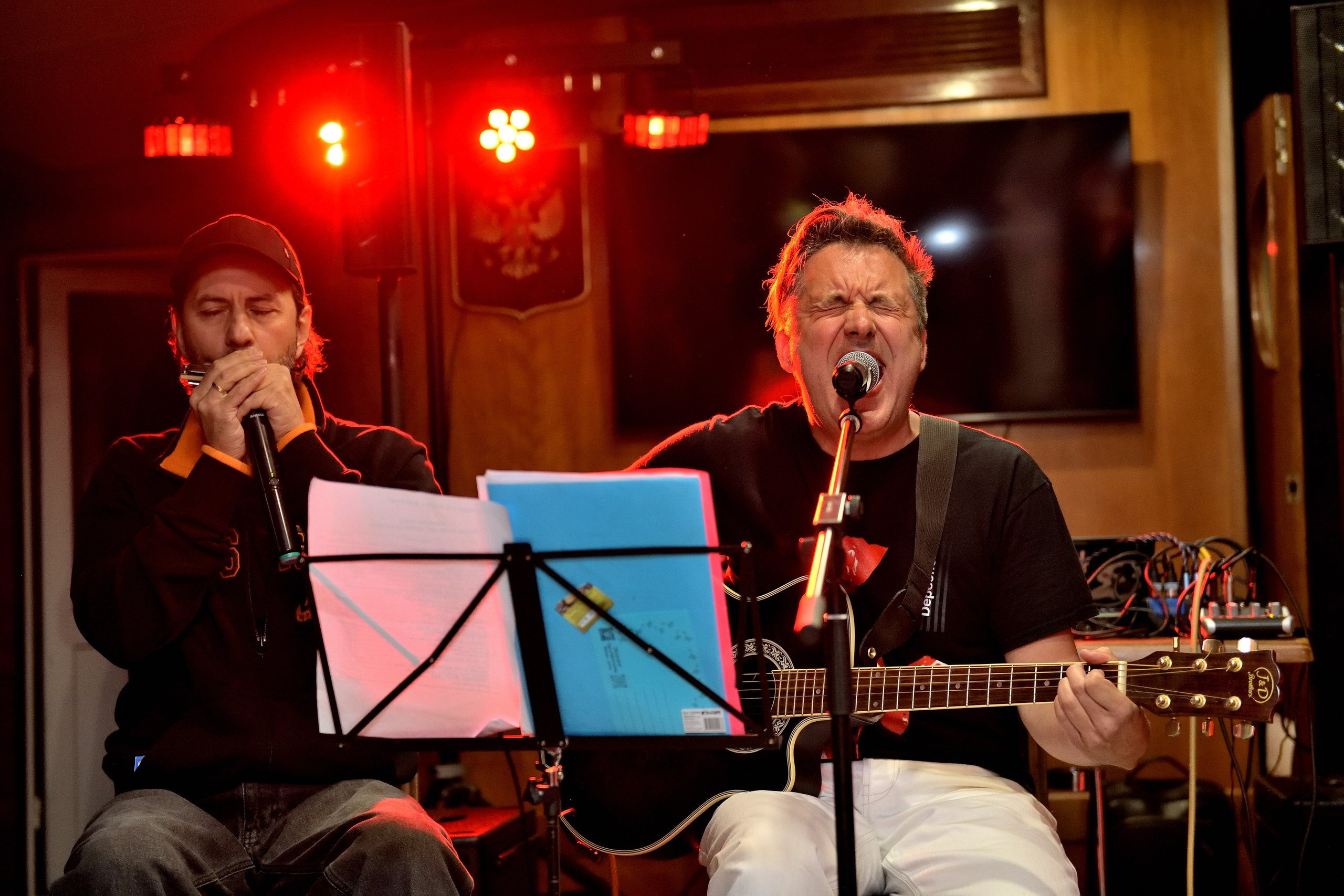 "Вокалист эмоционально поет песню на сцене".