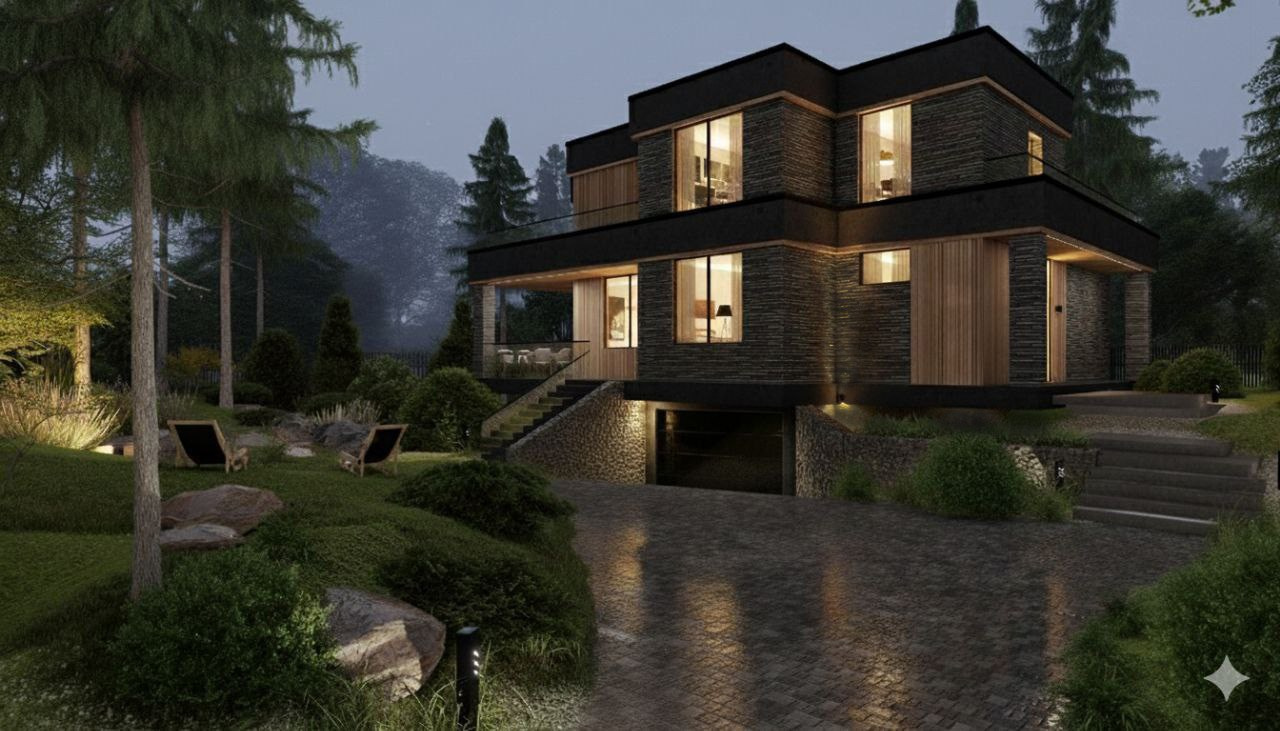 Проект дома 230 м2 на склоне с прудом |пос. Краснопахорское | Архитектор-ГАП Елена Панова. РАЦИОНАЛЬНЫЕ ДОМА 150-350 м2 В МОСКВЕ И МО