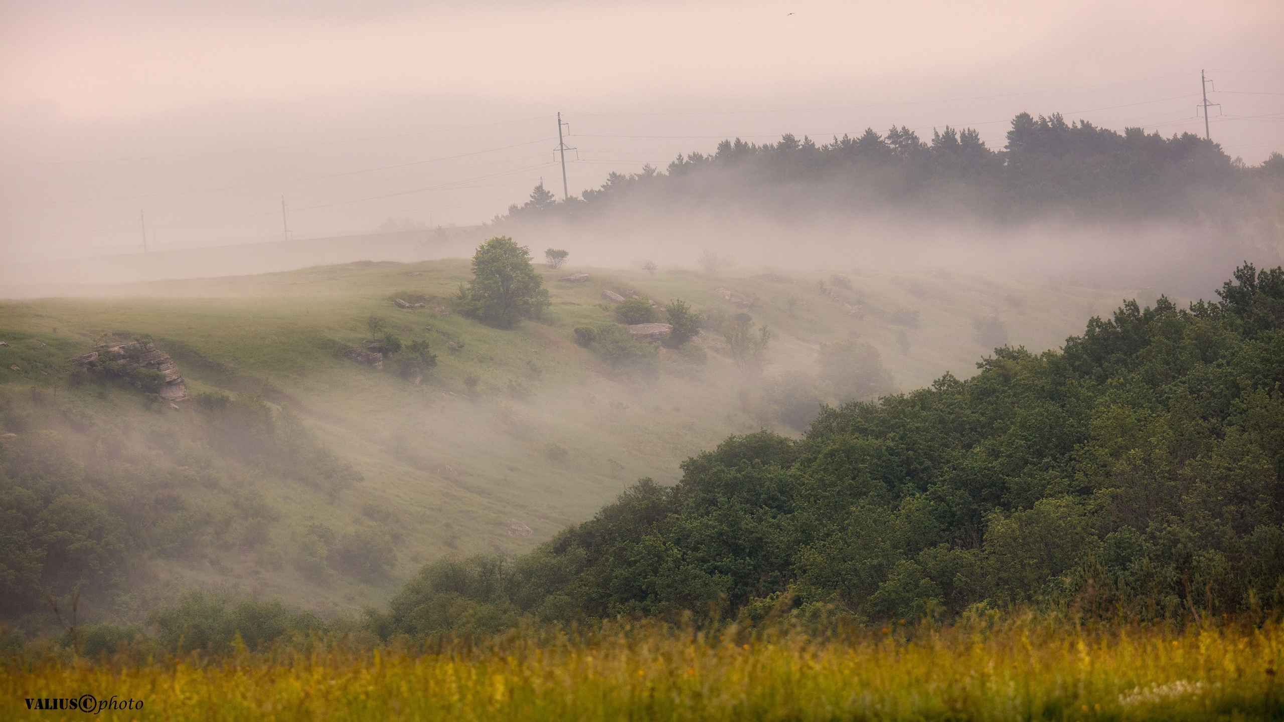 туман, рассвет, холмы