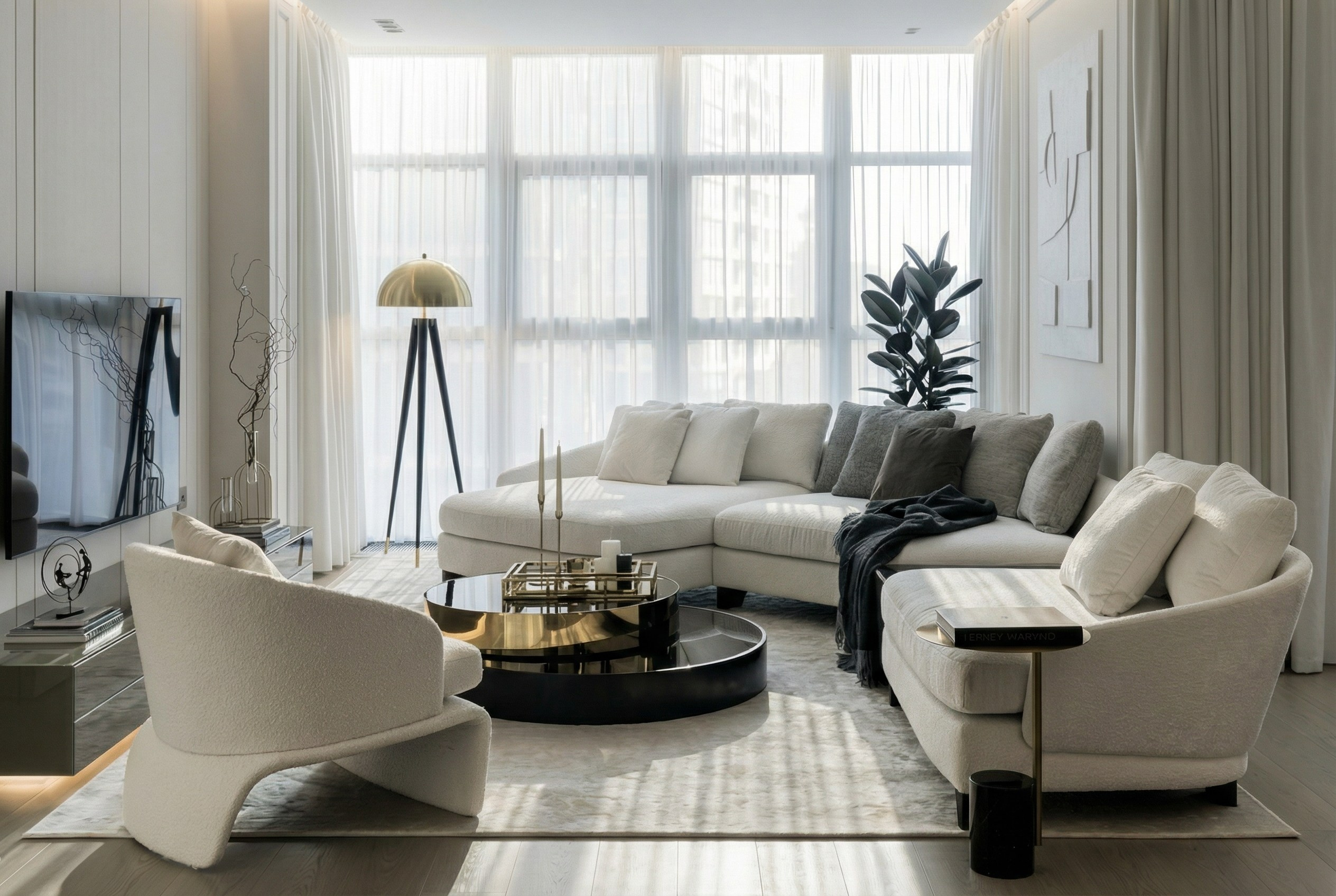 Интерьер светлой гостиной в квартире 110 м² от Валерии Котович: радиусная мебель в обивке букле, латунные акценты, журнальный стол с золотым основанием и панорамные окна в стиле тихой роскоши.