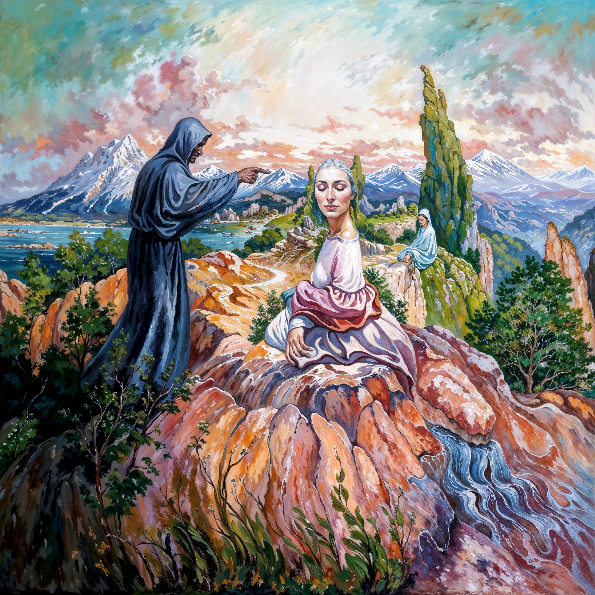 Горный пейзаж с монахом, женщиной и скалами, образующими лицо. Иллюзия основана на композиции Олега Шупляка, переработана в цифровом виде с сохранением символизма.