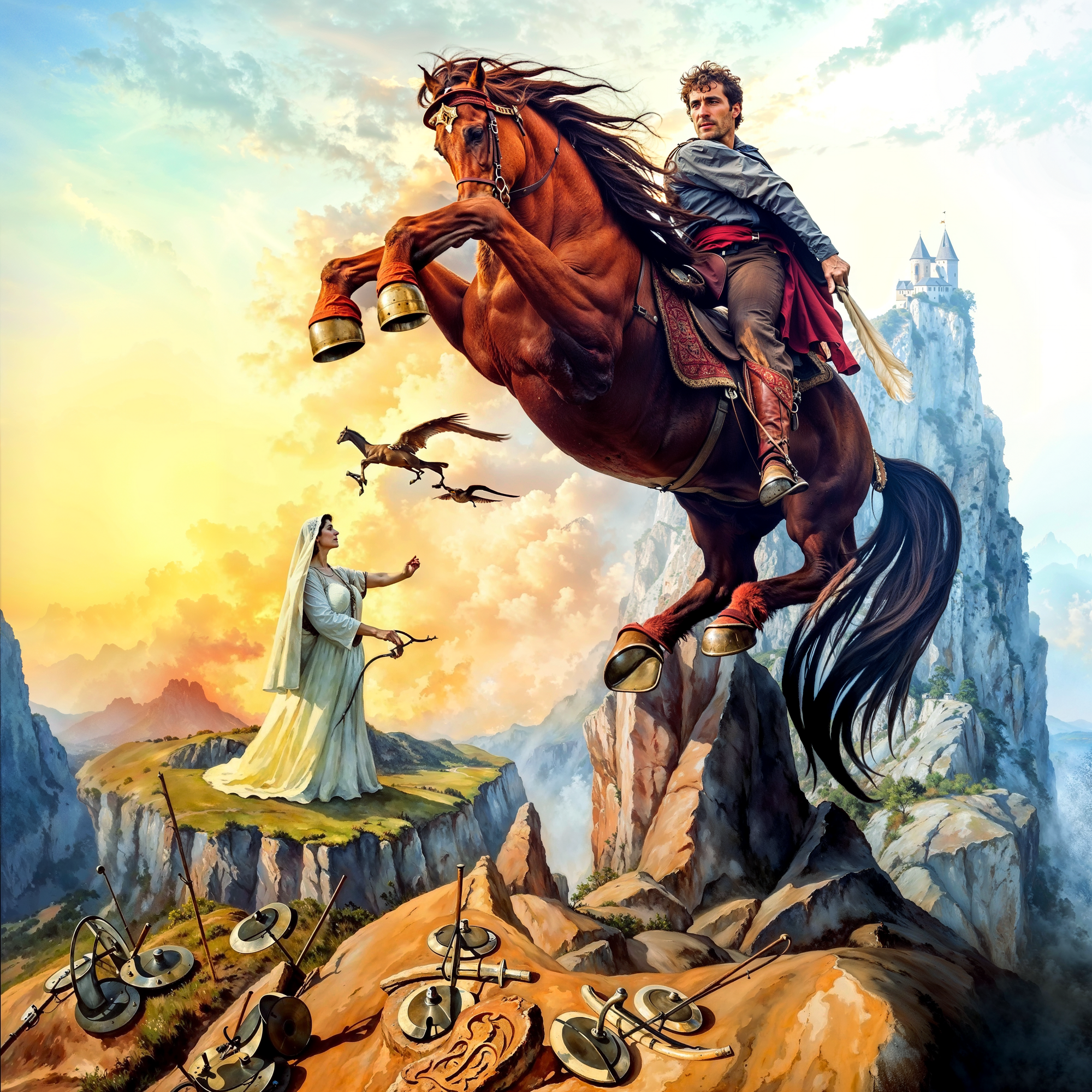 Всадник и женщина в фантастическом пейзаже, формирующем лицо — адаптация Artush Voskanyan