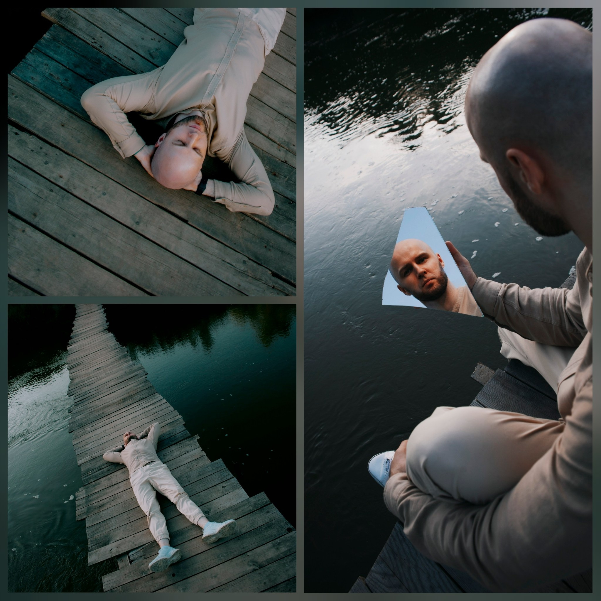 мужчина смотрит в зеркало, мужчина у воды