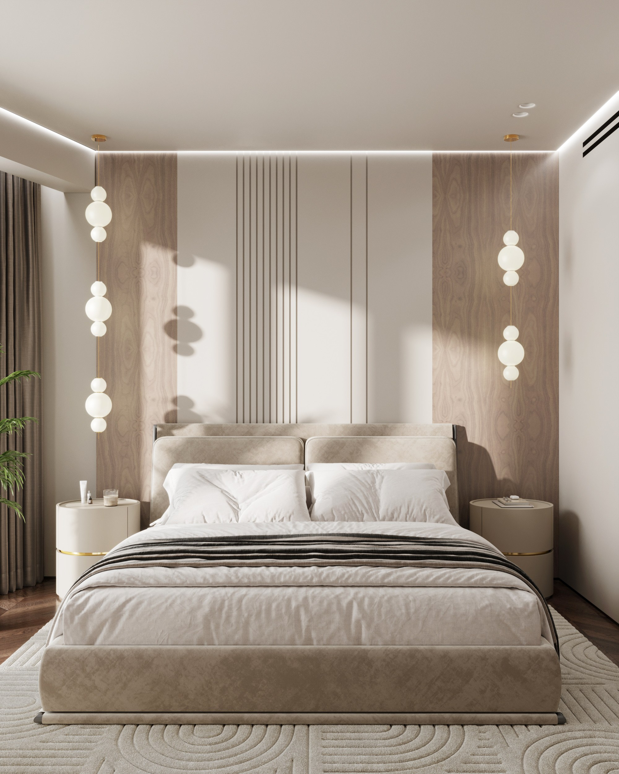 Светлая спальня с большой мягкой кроватью и вертикальными настенными панелями