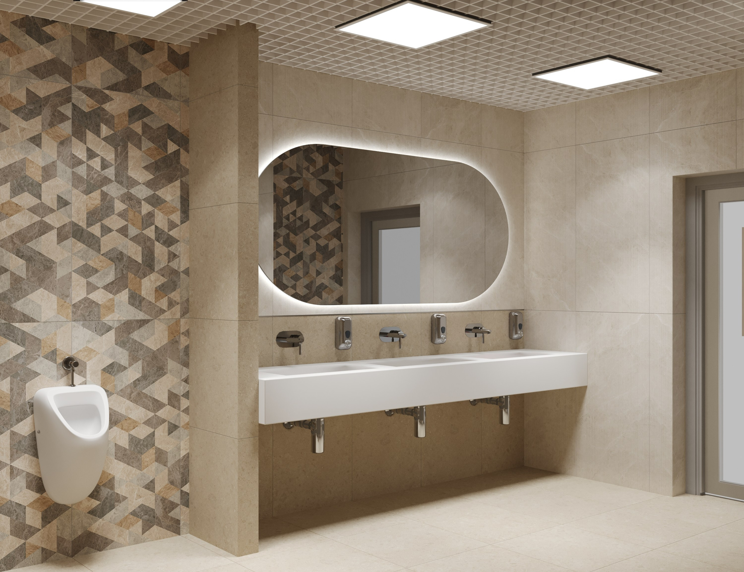 Санузел с большой настенной раковиной на четыре места и овальным зеркалом с подсветкой