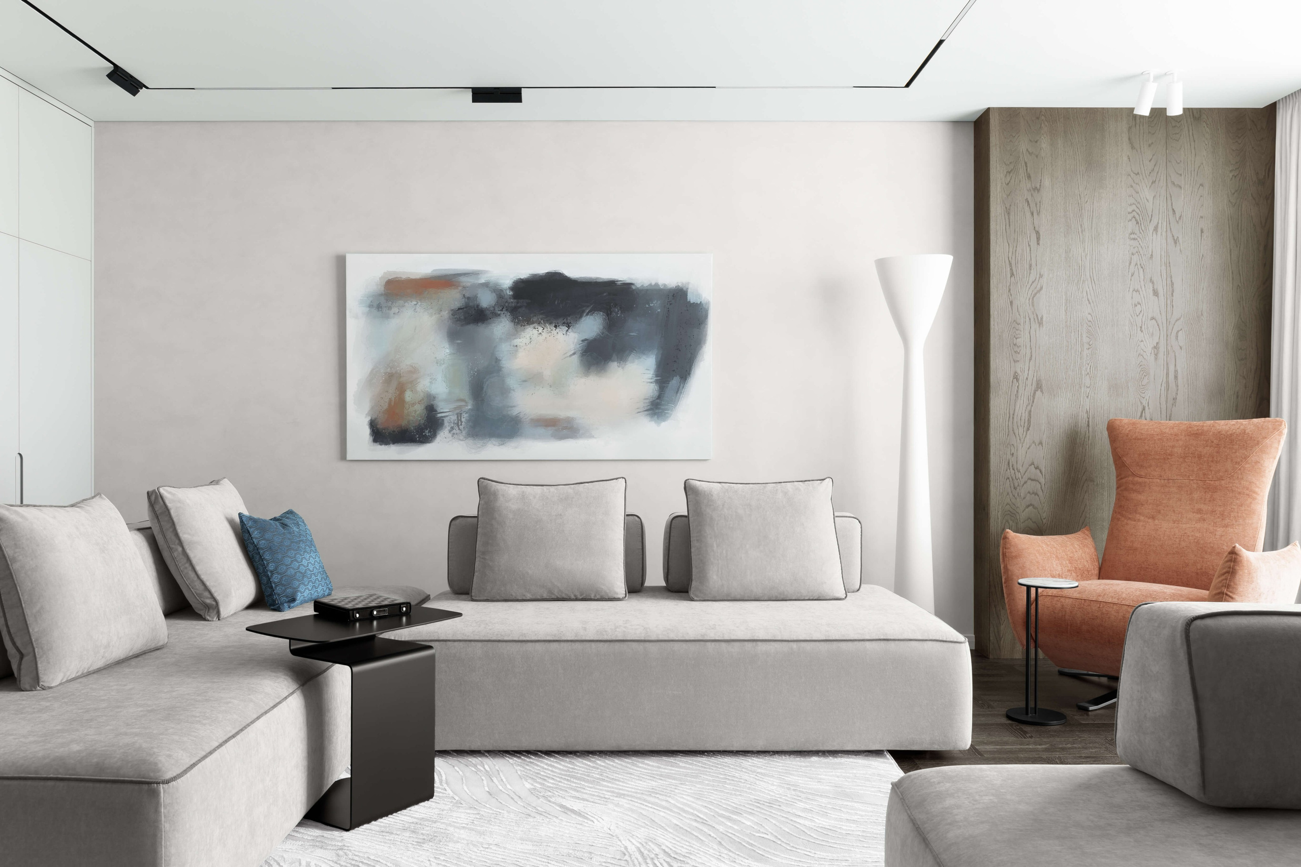 Интерьерная фотография, светлая гостиная — мягкие диваны Samoa, картина в абстрактной технике и кресло Minotti у окна.