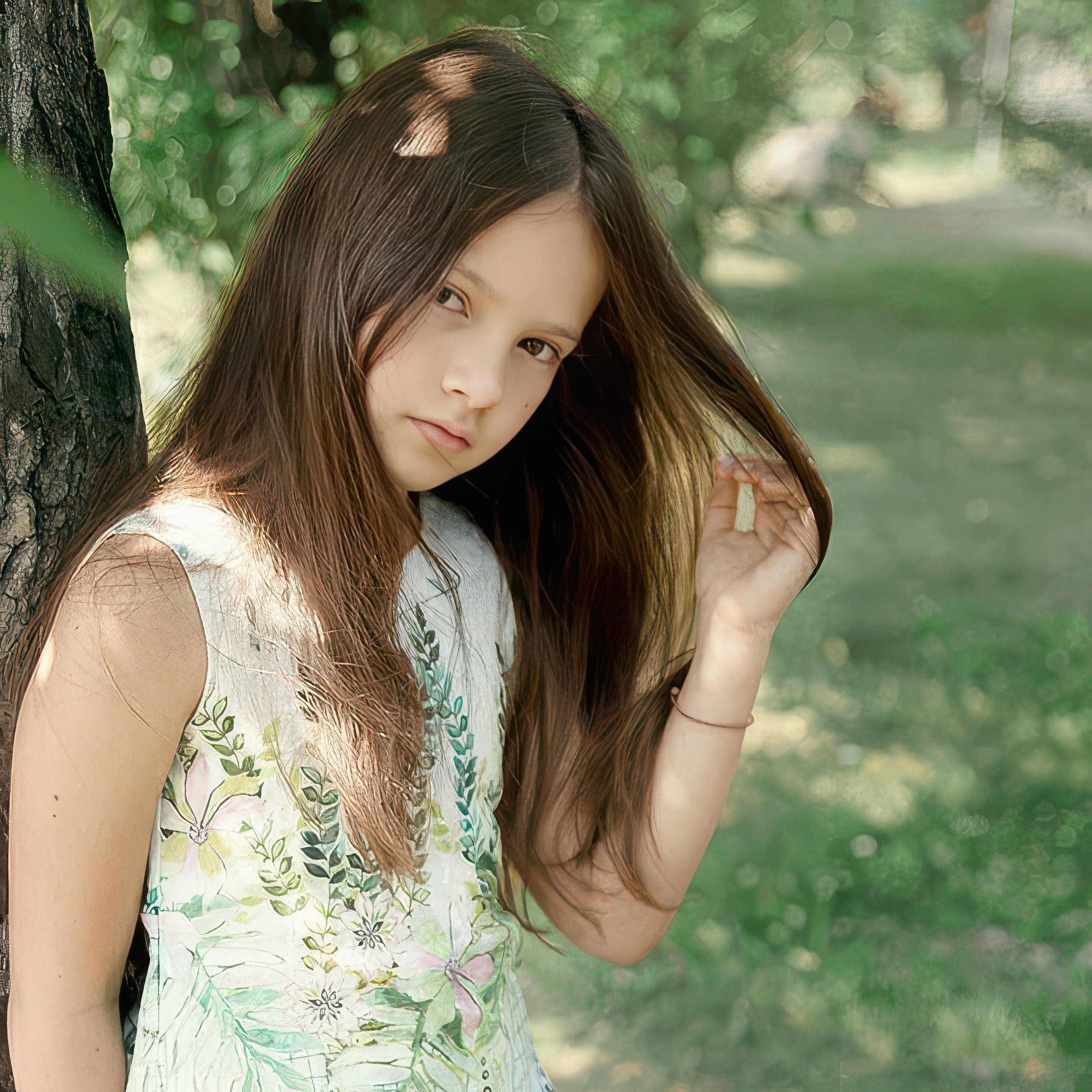 Детская фотосессия летом - девочка стоя у дерева