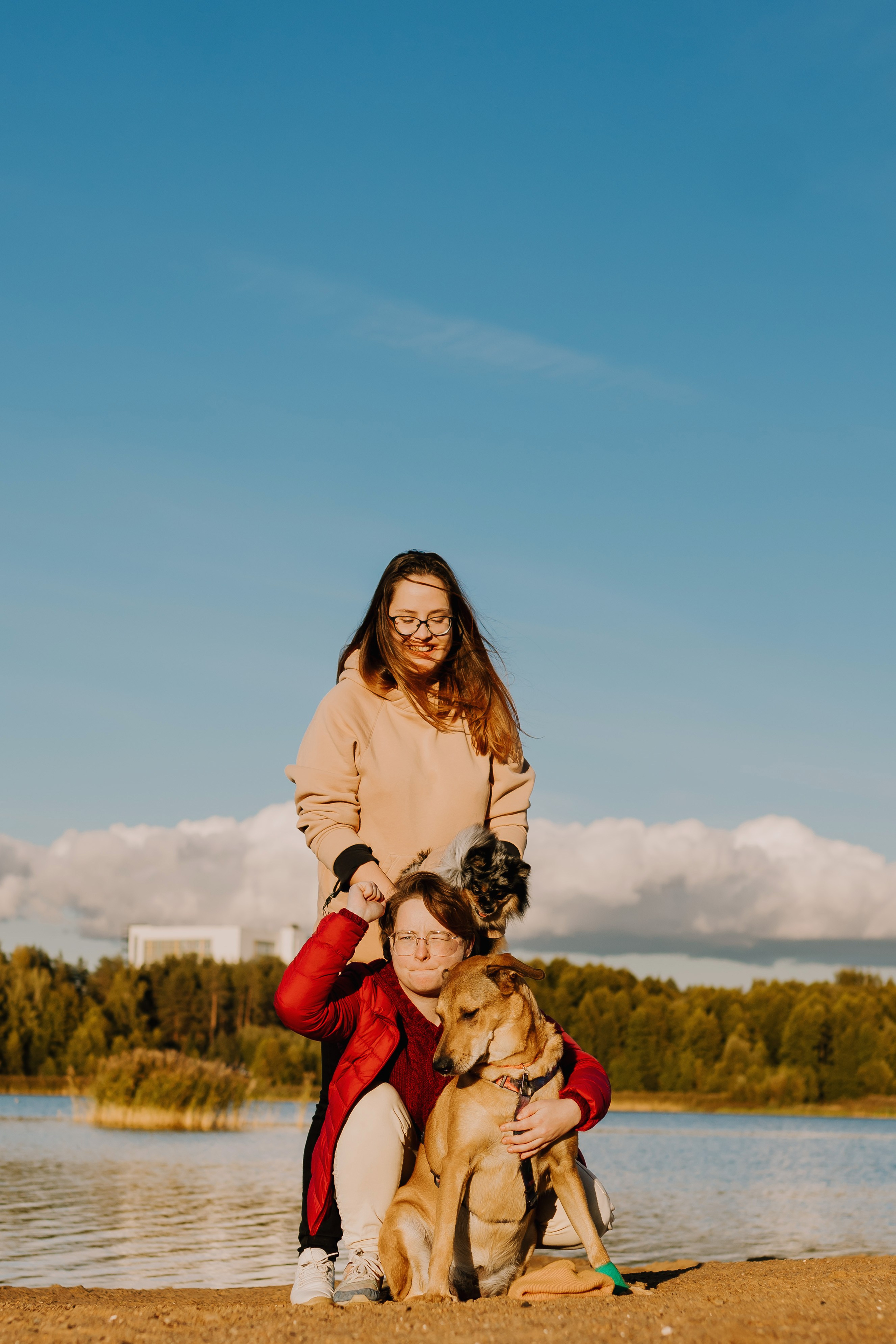 Семейная фотосессия с двумя собаками на закате. Фотограф анималист в Спб недорого Олеся Майорова