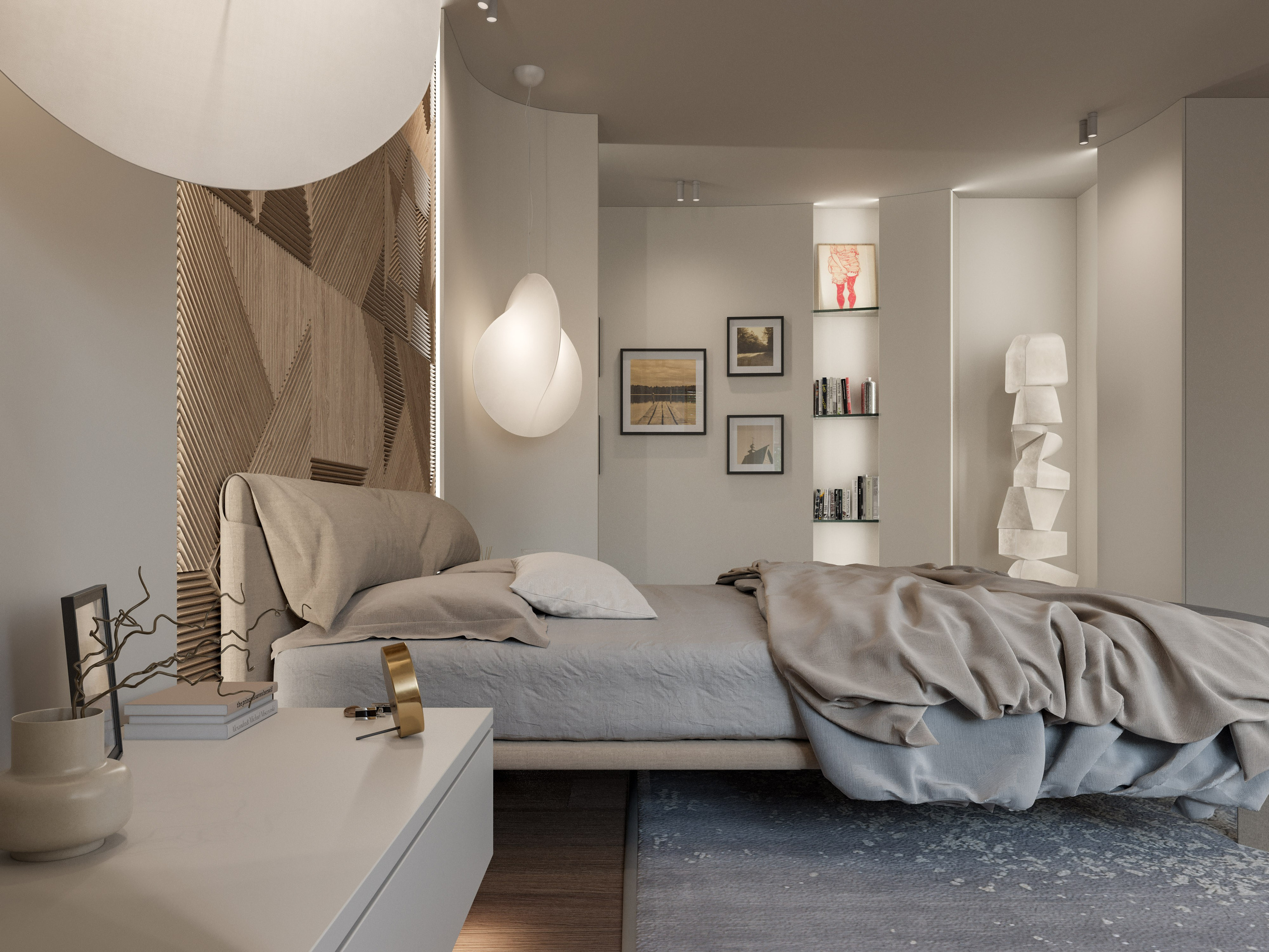 Расслабляющая атмосфера спальни с мягкой геометрией и плавными контурами