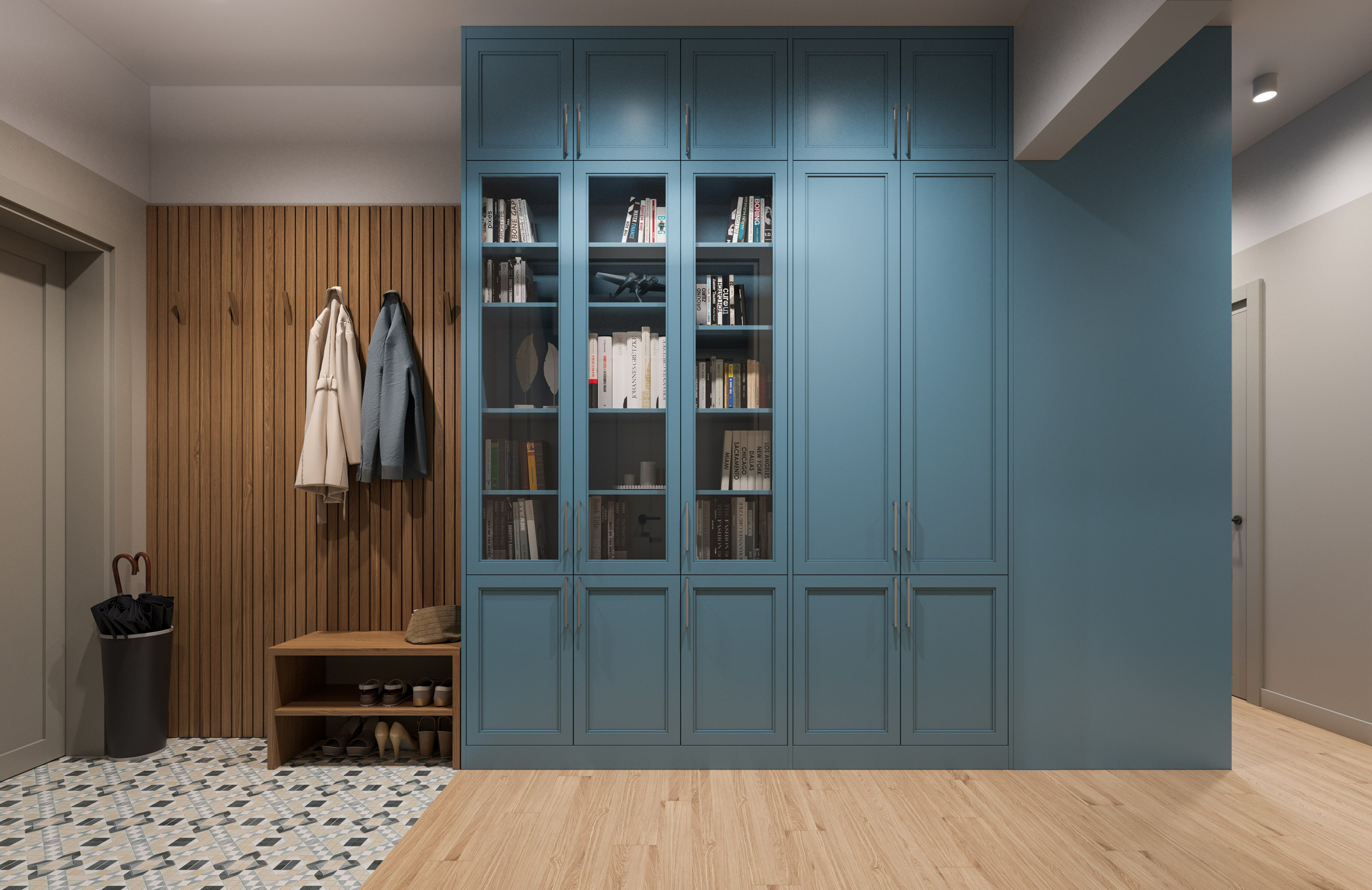 3D визуализация яркой прихожей с синей библиотекой и деревянной скамьёй в минималистичном стиле