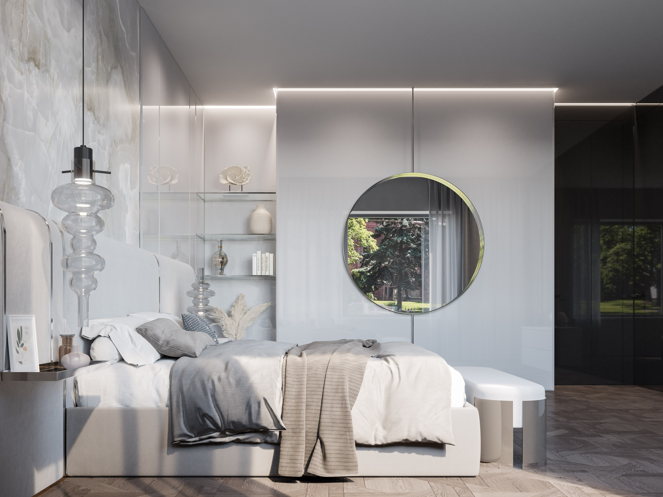 Визуализация спальни, большое круглое зеркало и ниша с скрытой подсветкой и стеклянными полками