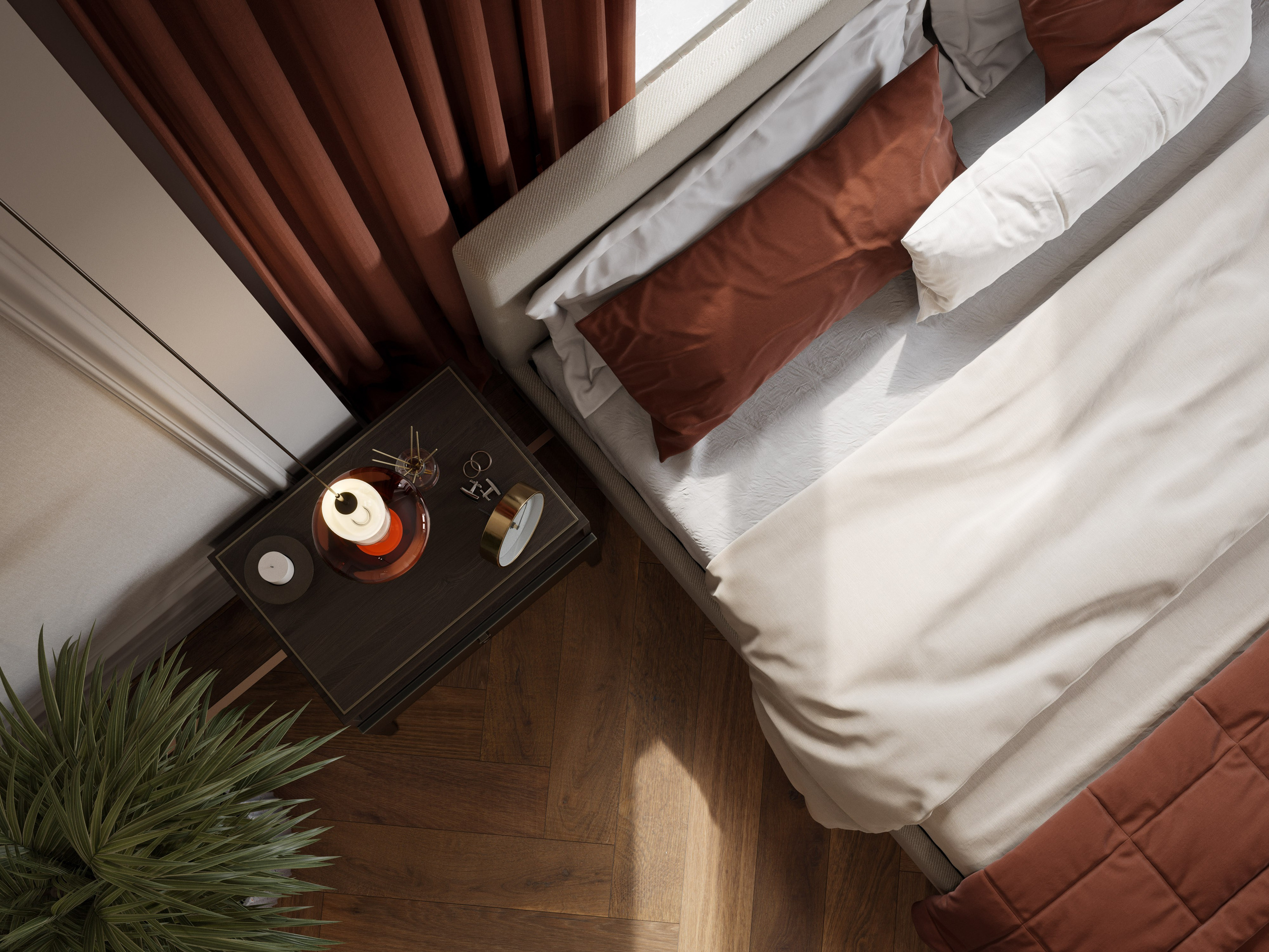 Натуральные материалы и цветы в спальне