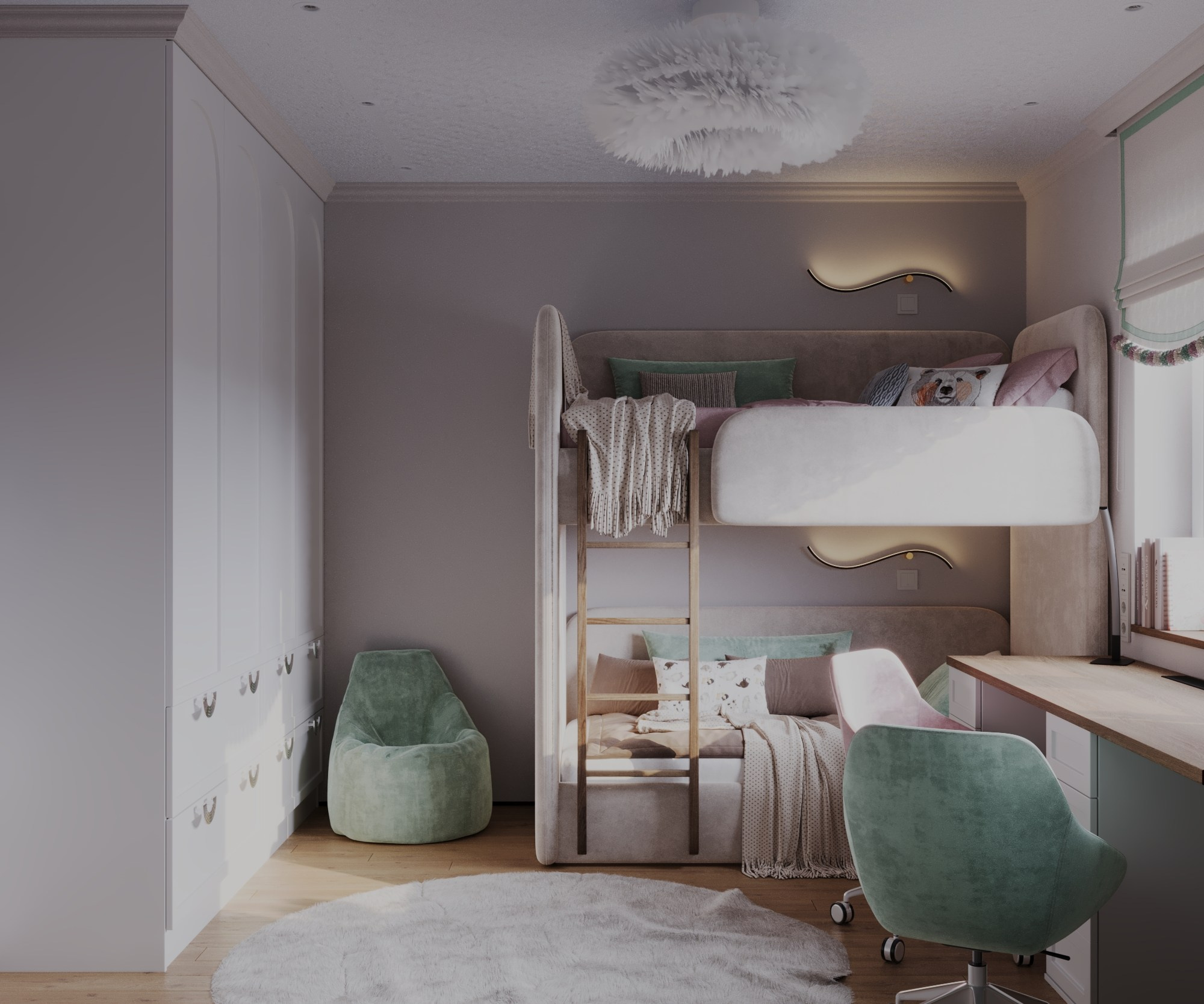 Визуализация детской комнаты. Общий вид комнаты для двоих детей