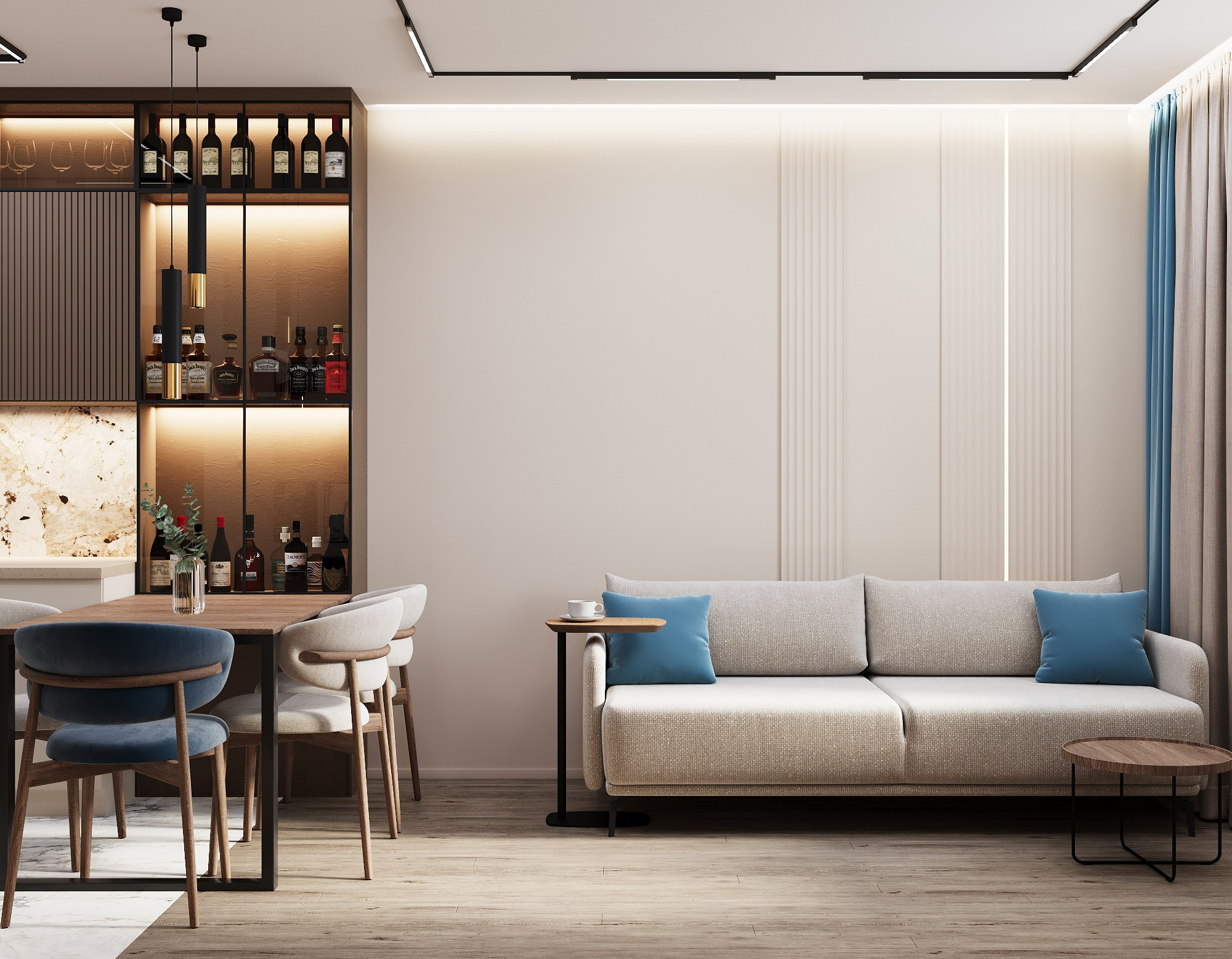 Кухня-гостиная с барной зоной. 3D Визуализация интерьеров жилых и коммерческих помещений