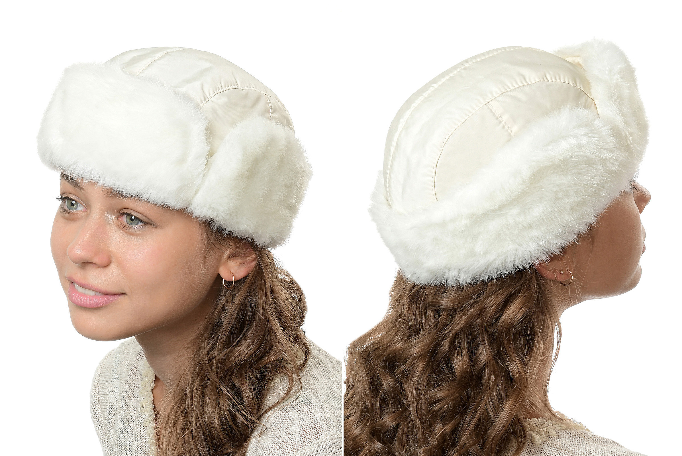 Меховая шапка женская зимняя на модели на белом фоне.